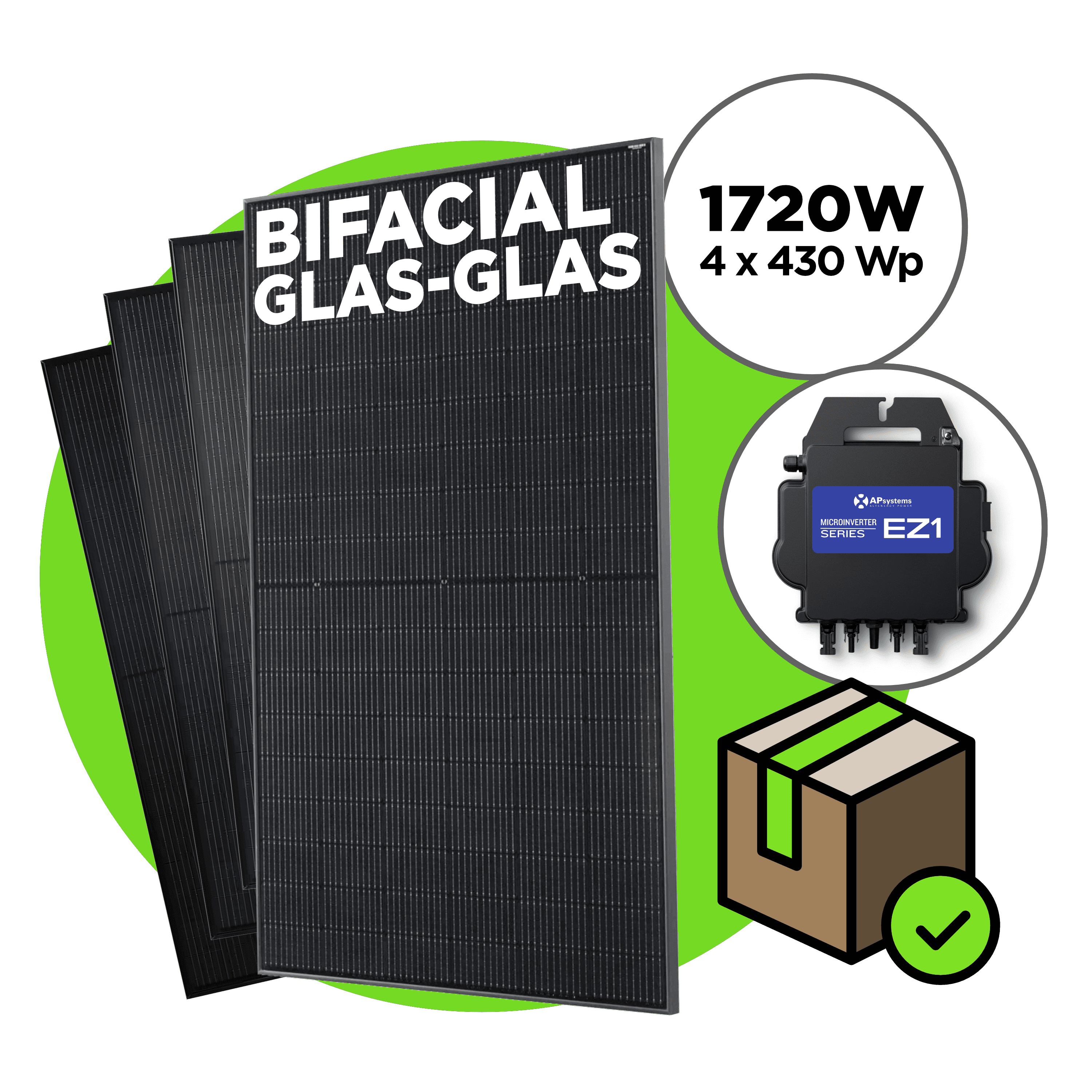 1720 Wp Bifacial Full Black Balkonkraftwerk mit 4 Modulen — Apsystems EZ1-M / ohne Unterkonstruktion / ohne Kabel