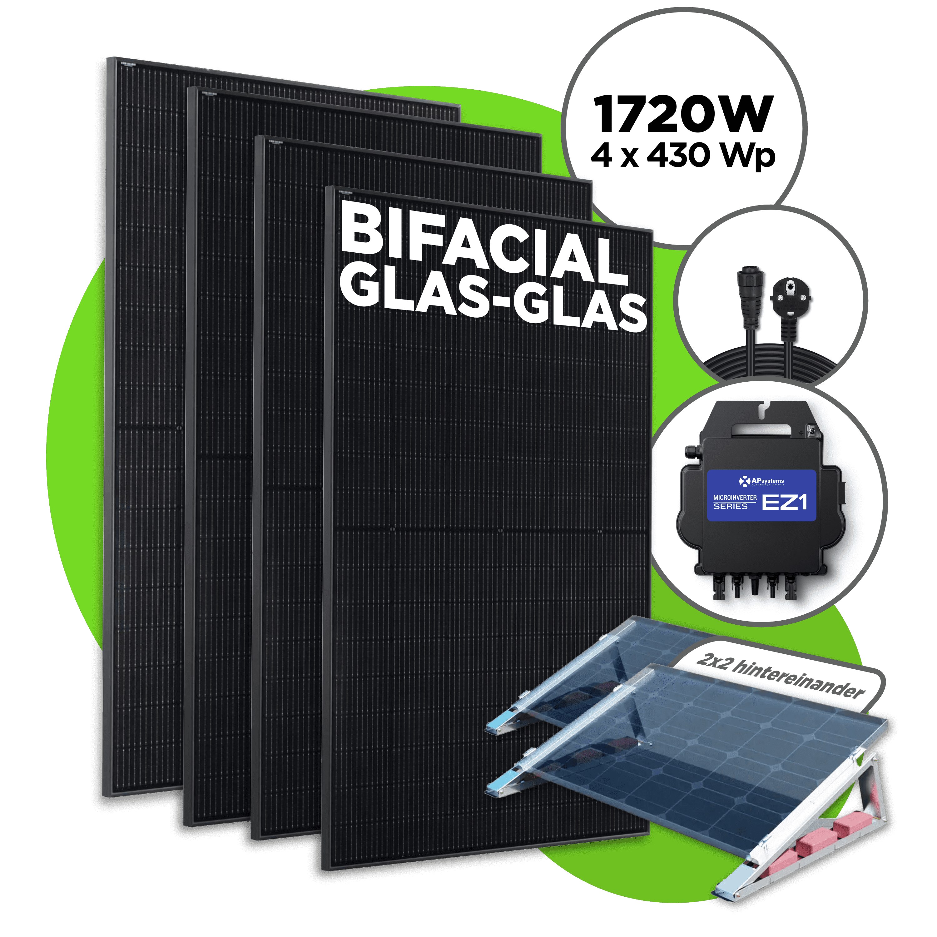 1720 Wp Bifacial Full Black Balkonkraftwerk mit 4 Modulen — Apsystems EZ1-M / 4er Flachdach Set (2 x 2 Module hintereinander) / 5 m