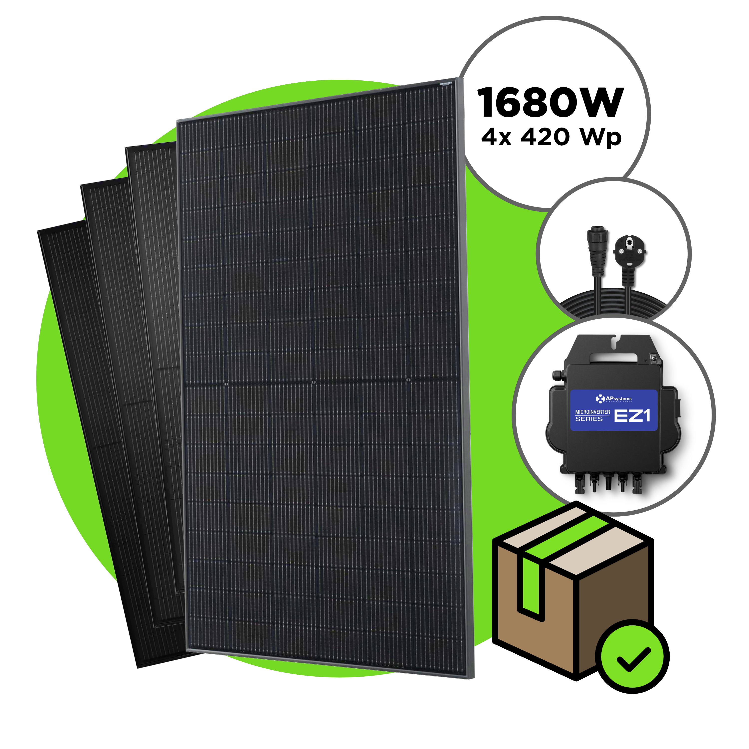 1680 Wp Full Black Balkonkraftwerk mit 4 Modulen — Apsystems 600 W - 800 W / ohne Unterkonstruktion / 5 m