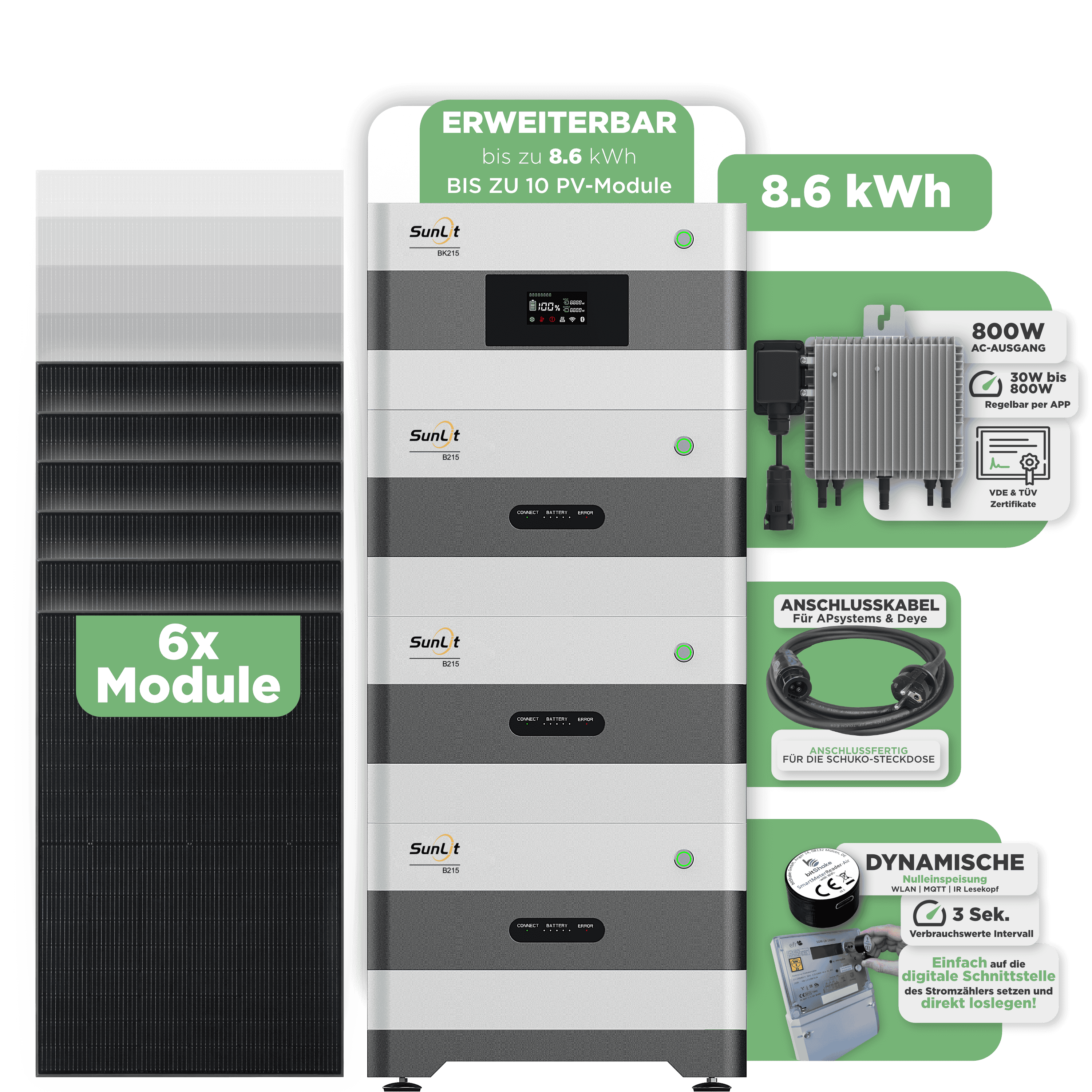 Sunlit Balkonkraftwerkspeicher — 8.600 Wh / mit IR Lesekopf (bitshake) / 800 W (Deye-SUN-M) / 20 m Schuko Kabel / 6 x Trina 450 Wp Full Black