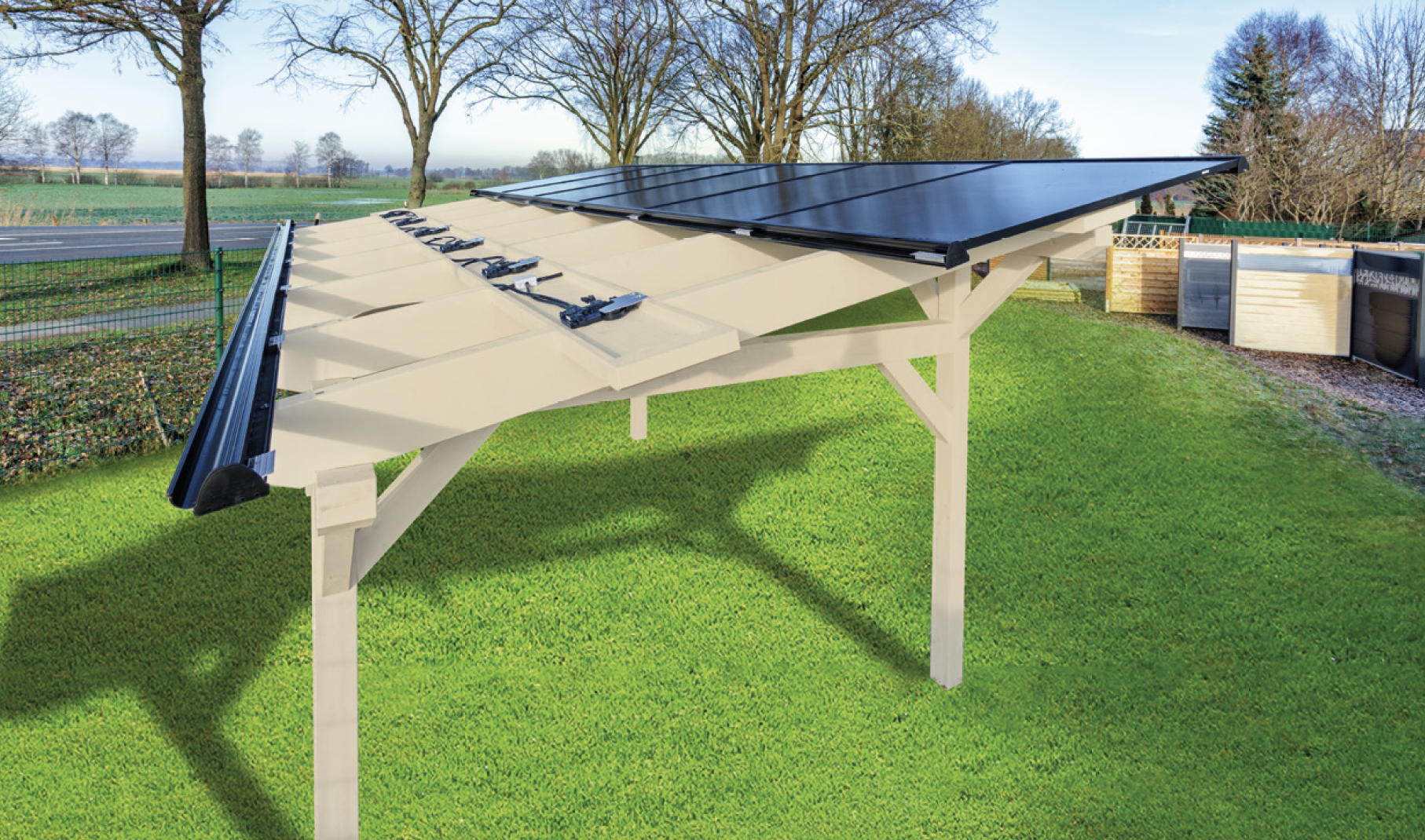 Solarcarport Komplettpaket — Premiumholz / ein Stellplatz (ca. 5 kWp) / 420 Wp Bifacial / 3,5 kWh