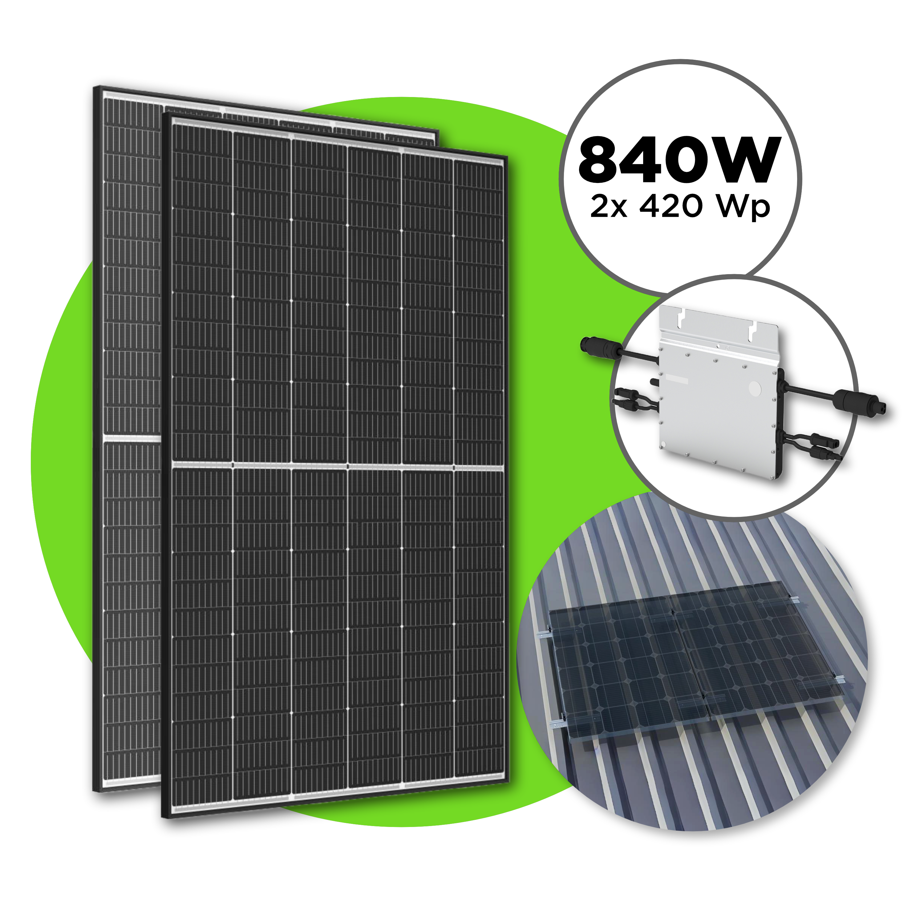 840 Wp Balkonkraftwerk mit 2x Trina Vertex S Modul —  600 W Hoymiles / Trapezdach Set / ohne Kabel