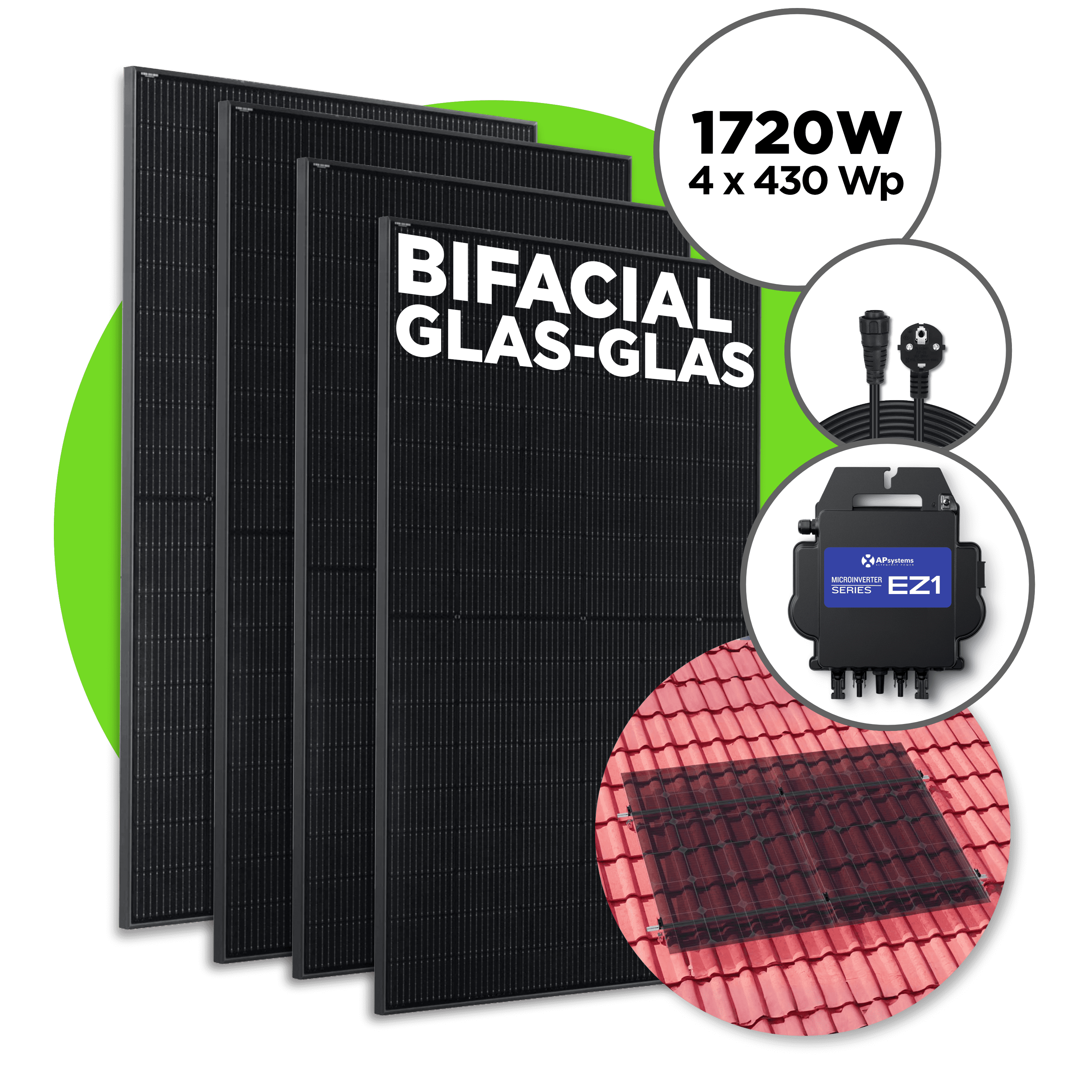 1720 Wp Bifacial Full Black Balkonkraftwerk mit 4 Modulen — Apsystems EZ1-M / 4er Ziegeldach Set / 5 m