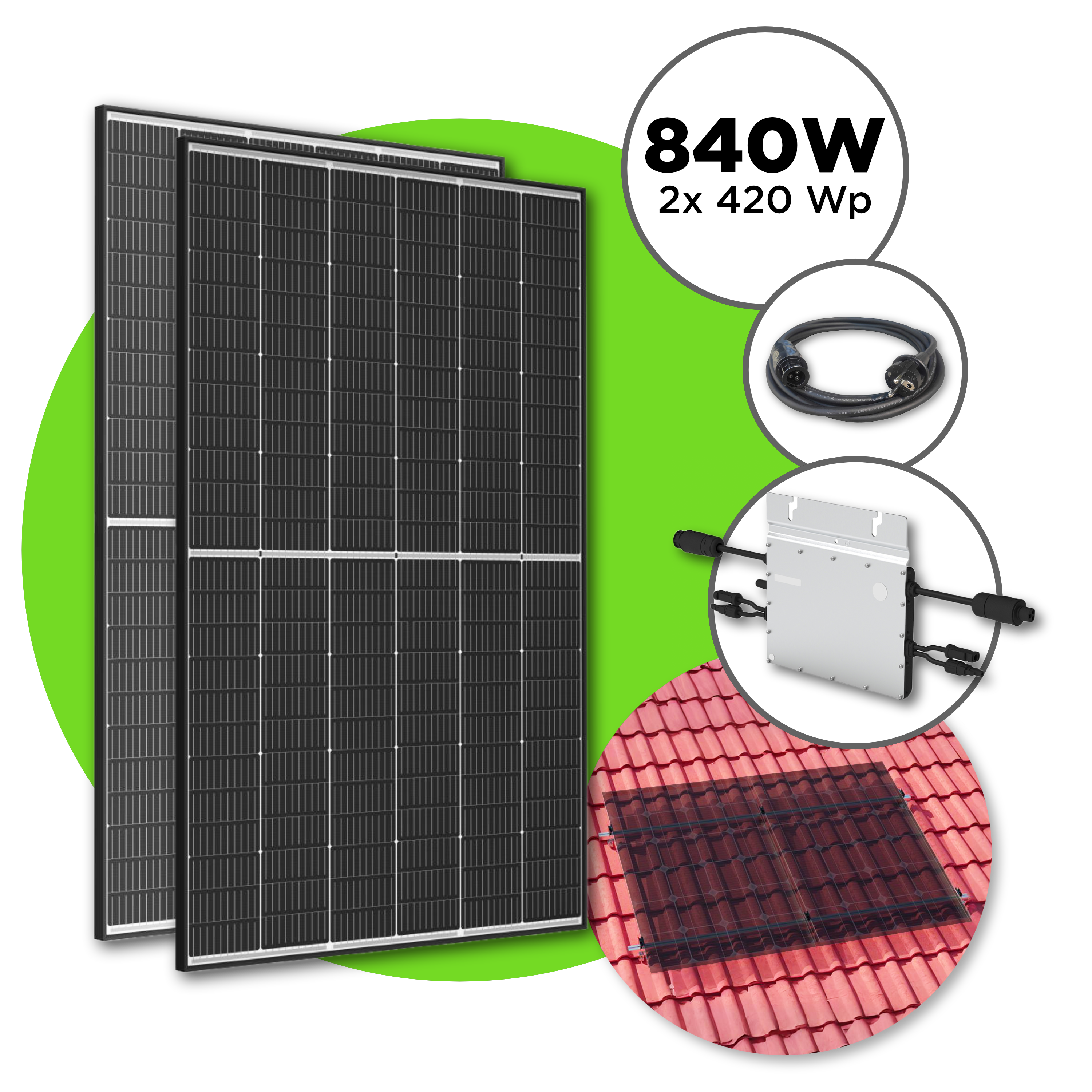 840 Wp Balkonkraftwerk mit 2x Trina Vertex S Modul —  600 W Hoymiles / Ziegeldach Set / 10 m