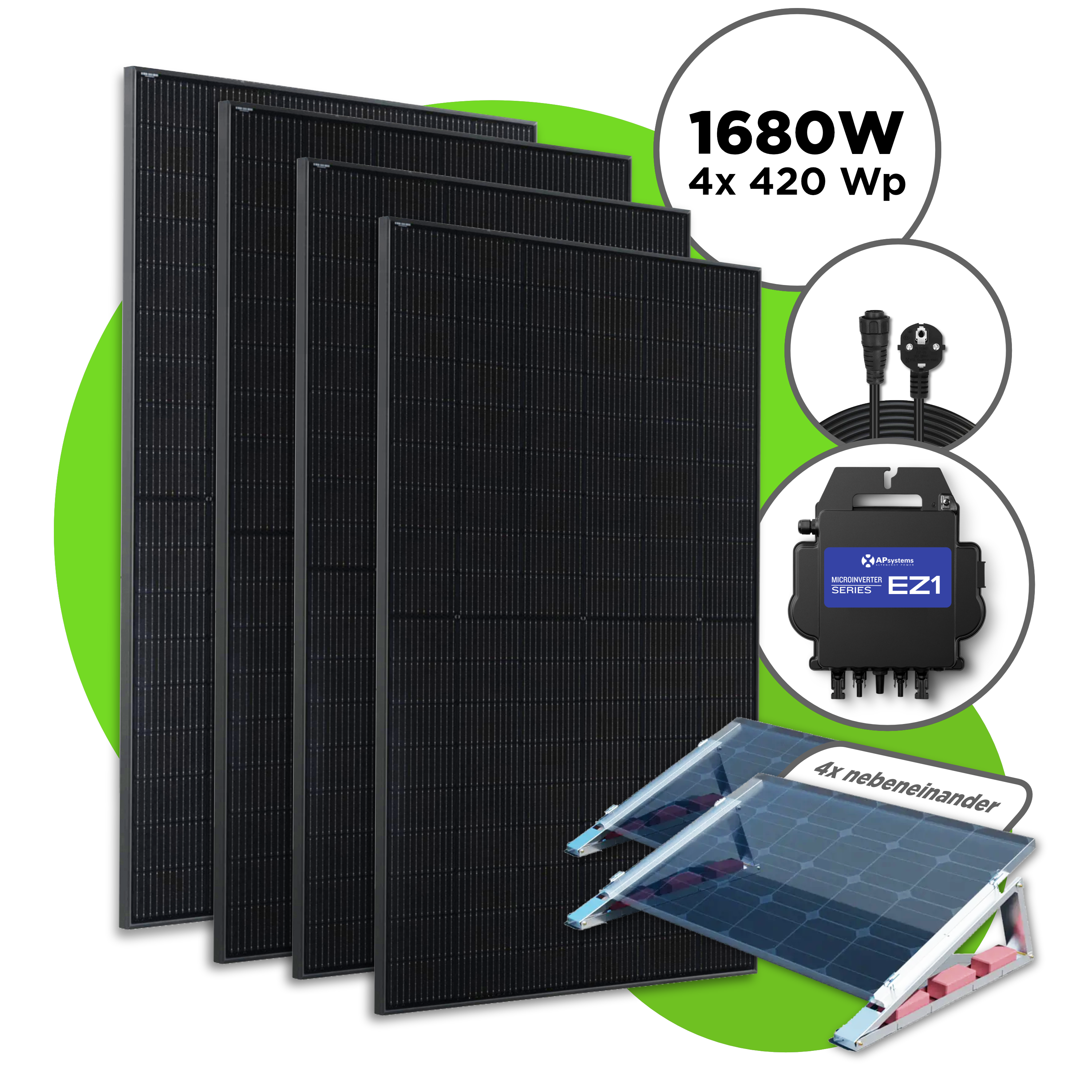 1680 Wp Full Black Balkonkraftwerk mit 4 Modulen — Apsystems 600 W - 800 W / 4er Flachdach Set (4 Module nebeneinander) / 5 m