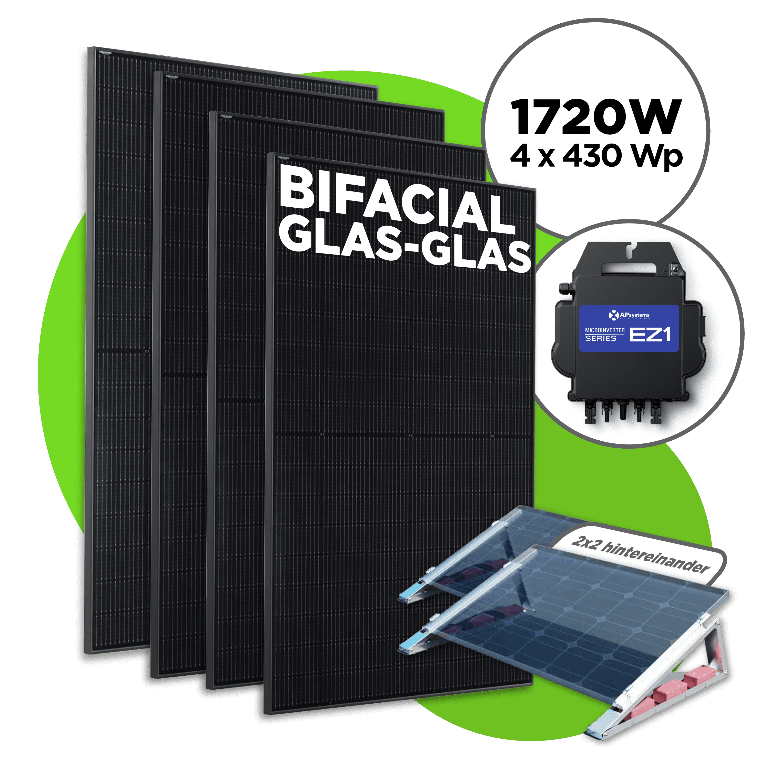 1720 Wp Bifacial Full Black Balkonkraftwerk mit 4 Modulen — Apsystems EZ1-M / 4er Flachdach Set (2 x 2 Module hintereinander) / ohne Kabel