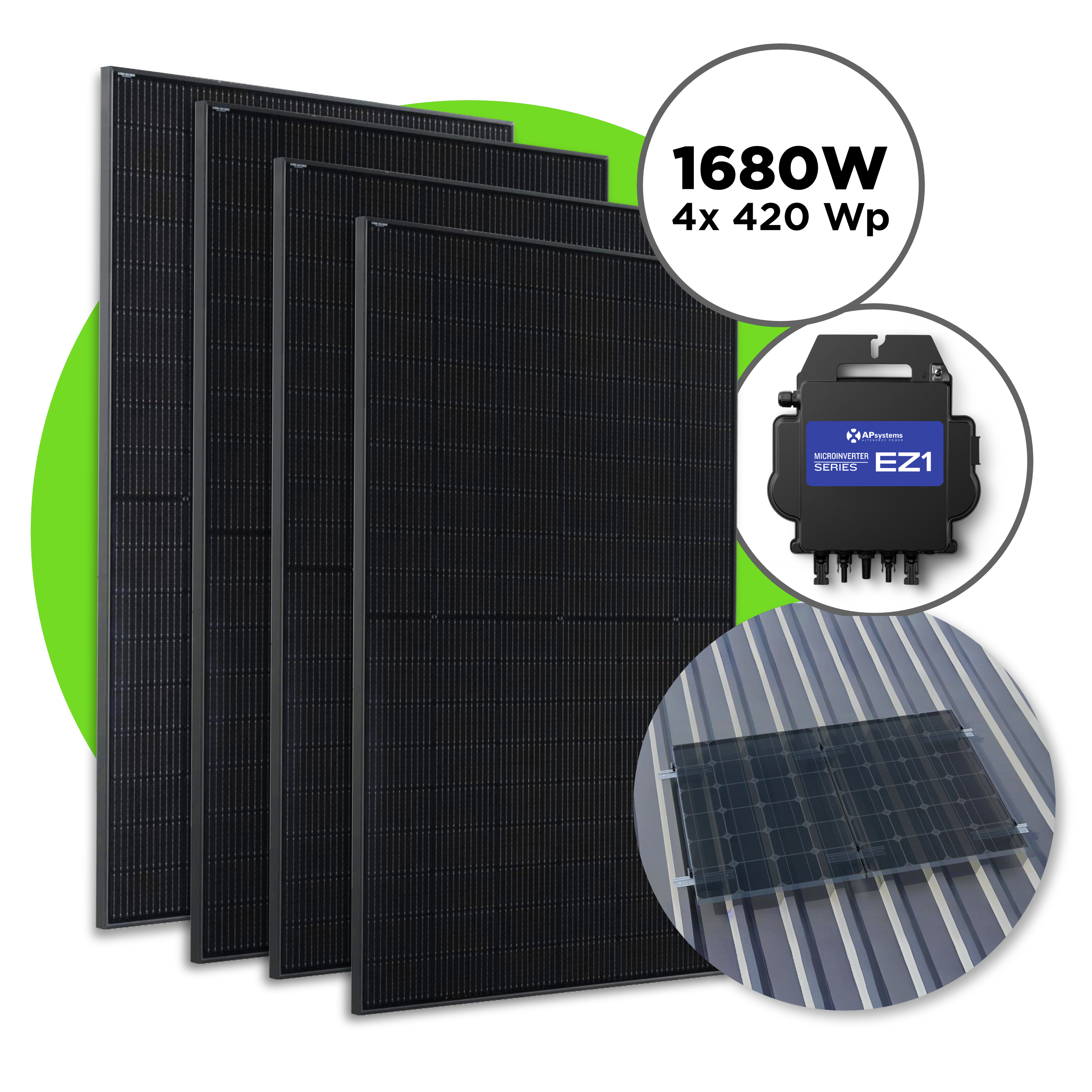 1680 Wp Full Black Balkonkraftwerk mit 4 Modulen — Apsystems 600 W - 800 W / 4er Trapezblech Set (4 Module) / ohne Kabel