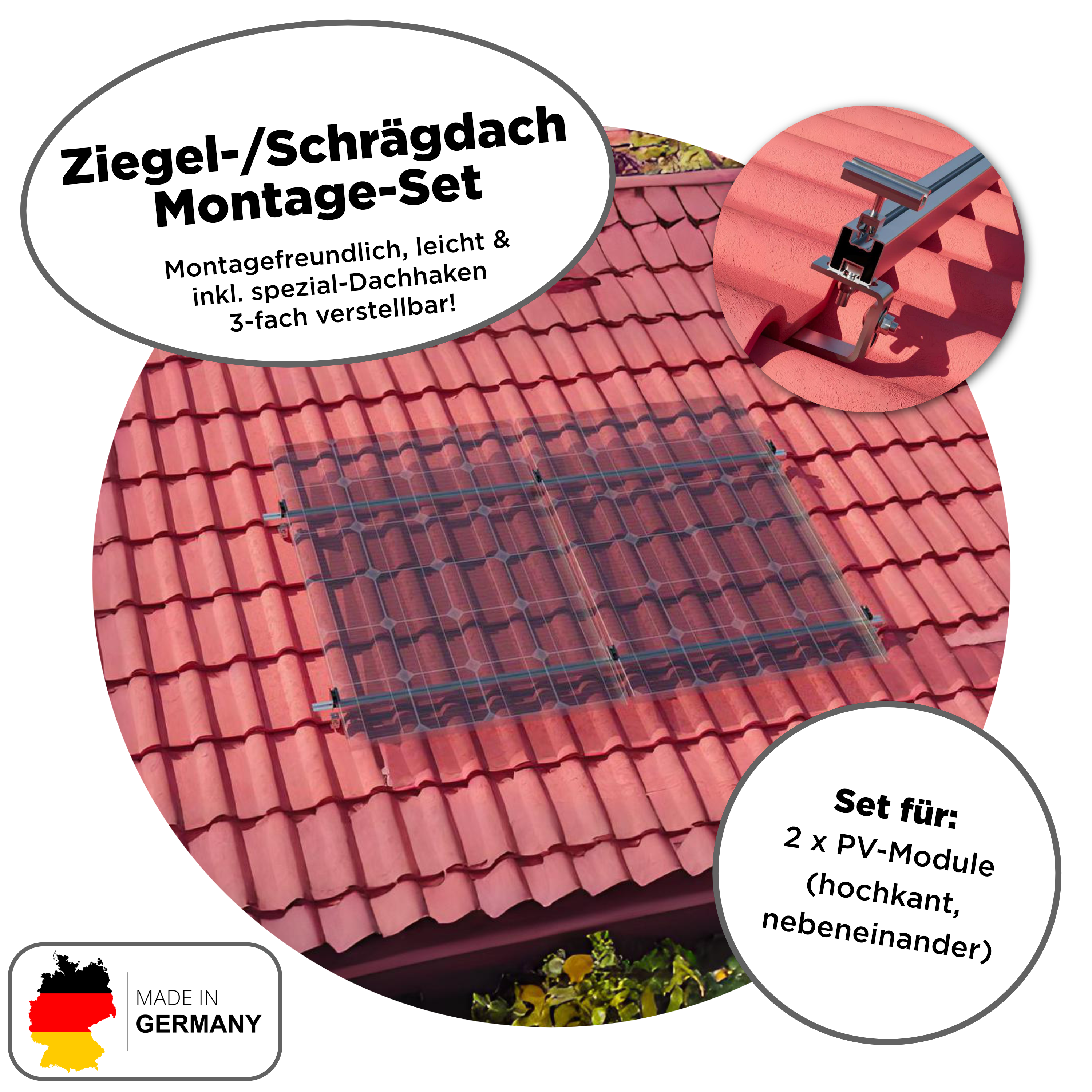 840 Wp Balkonkraftwerk mit 2x Trina Vertex S Modul —  600 W Hoymiles / Ziegeldach Set / 10 m