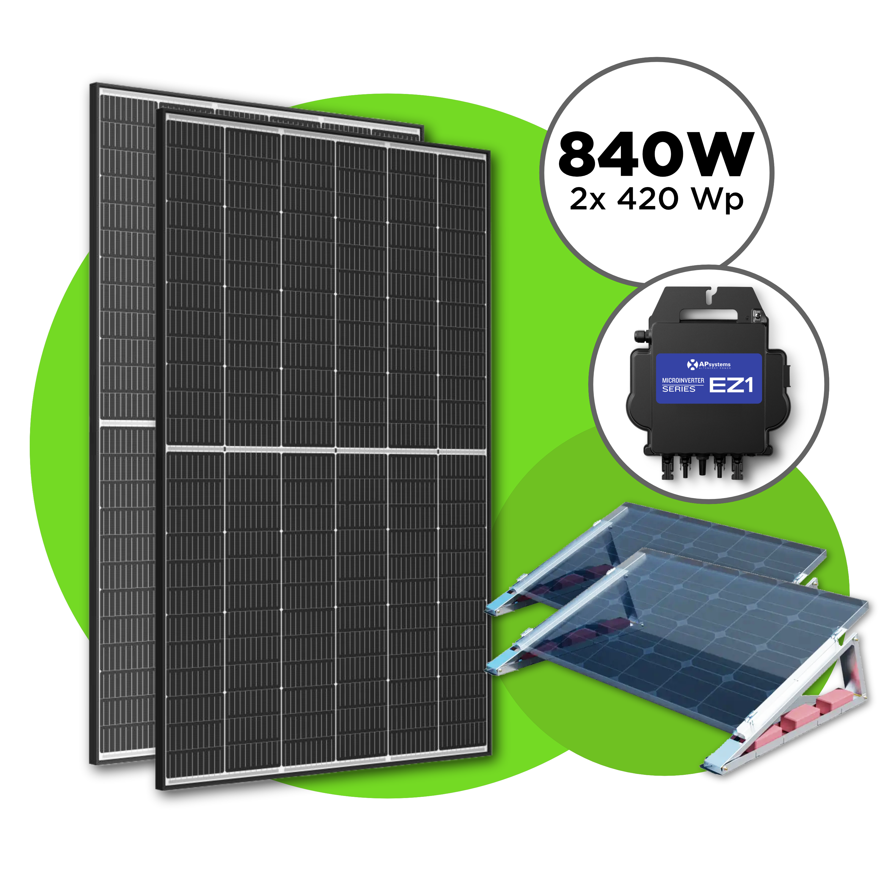 840 Wp Balkonkraftwerk mit 2x Trina Vertex S Modul —  APsystems EZ1 600 W - 800 W / Flachdach Set / ohne Kabel