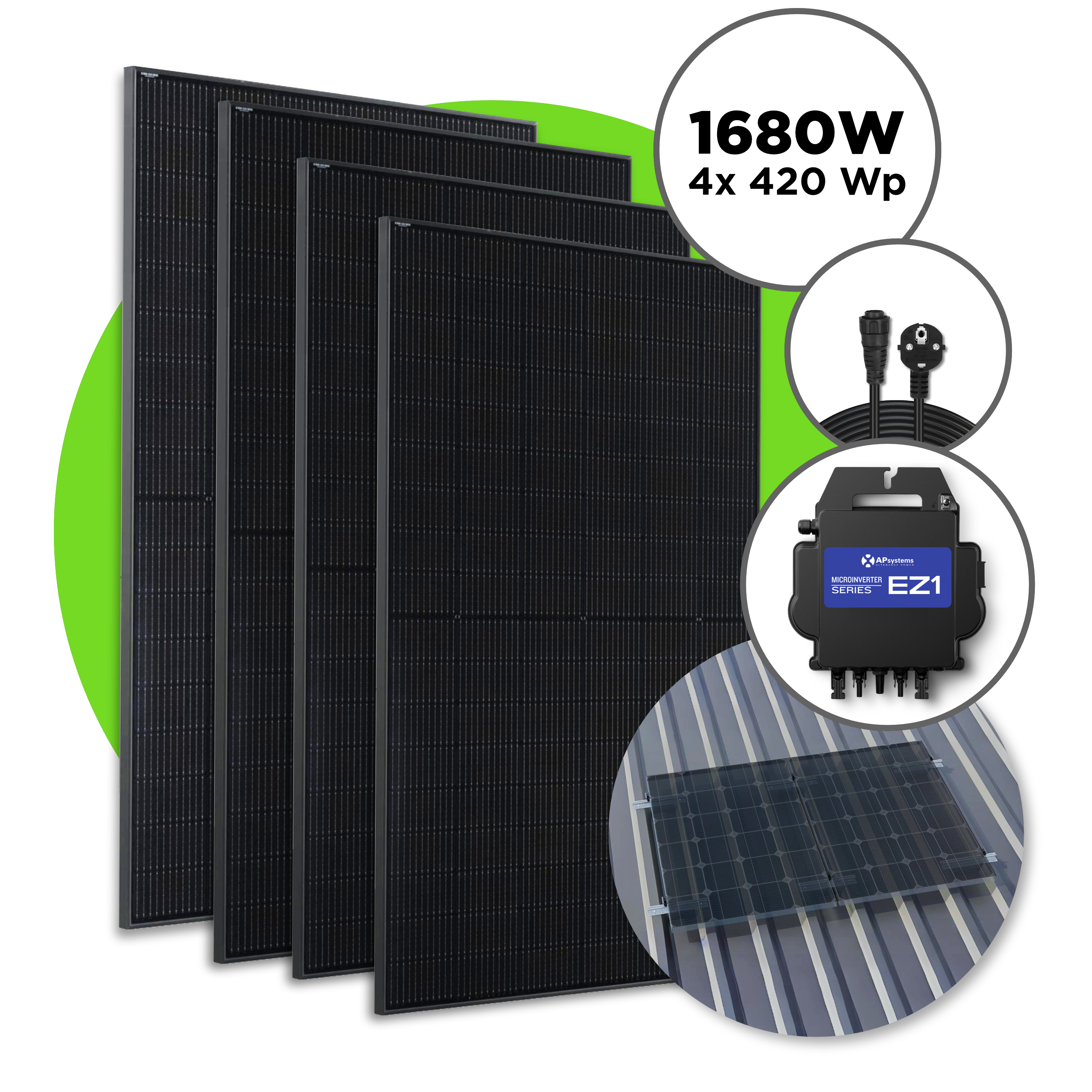 1680 Wp Full Black Balkonkraftwerk mit 4 Modulen — Apsystems 600 W - 800 W / 4er Trapezblech Set (4 Module) / 5 m 1680 Wp Full Black Balkonkraftwerk mit 4 Modulen — Apsystems 600 W - 800 W / 4er Trapezblech Set (4 Module) / 5 m