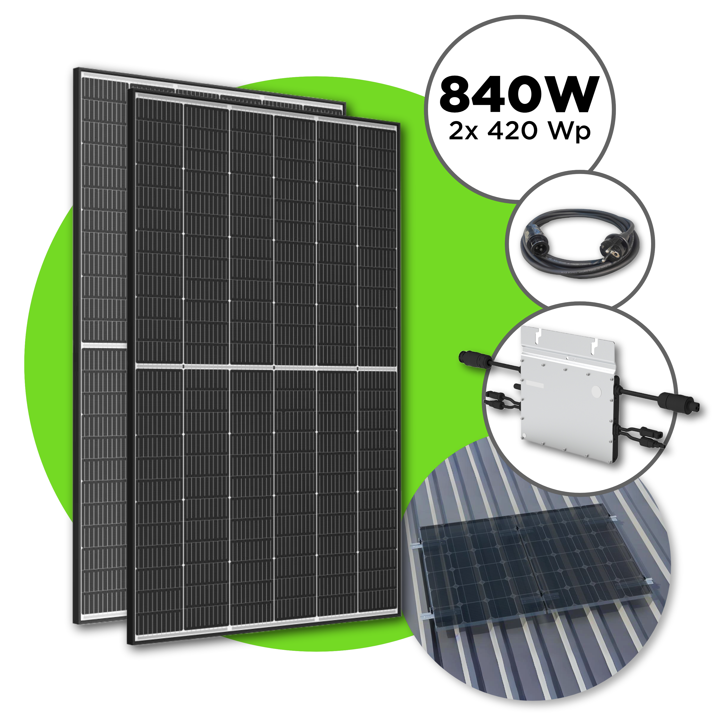 840 Wp Balkonkraftwerk mit 2x Trina Vertex S Modul —  800 W Hoymiles / Trapezdach Set / 15 m