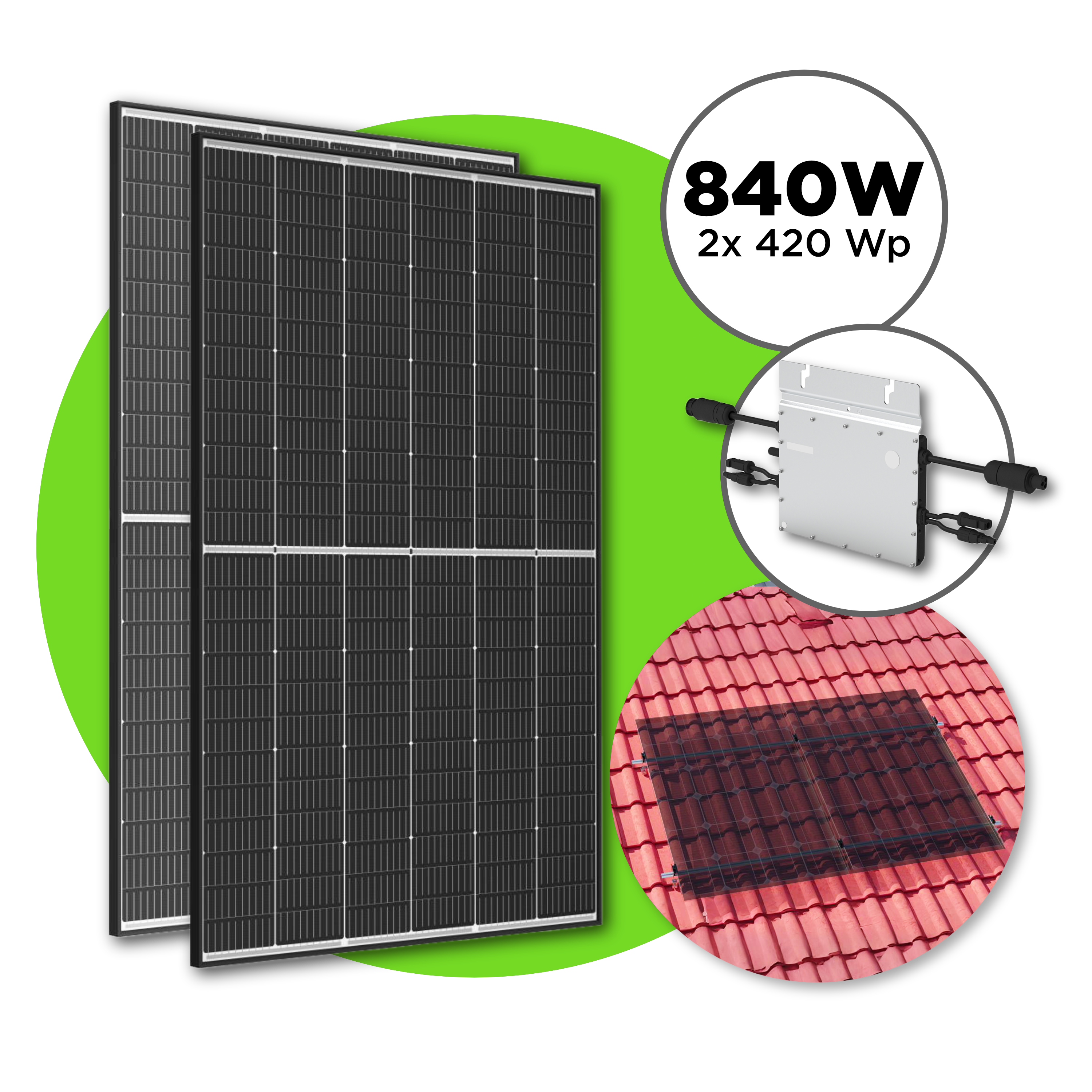840 Wp Balkonkraftwerk mit 2x Trina Vertex S Modul —  600 W Hoymiles / Ziegeldach Set / ohne Kabel