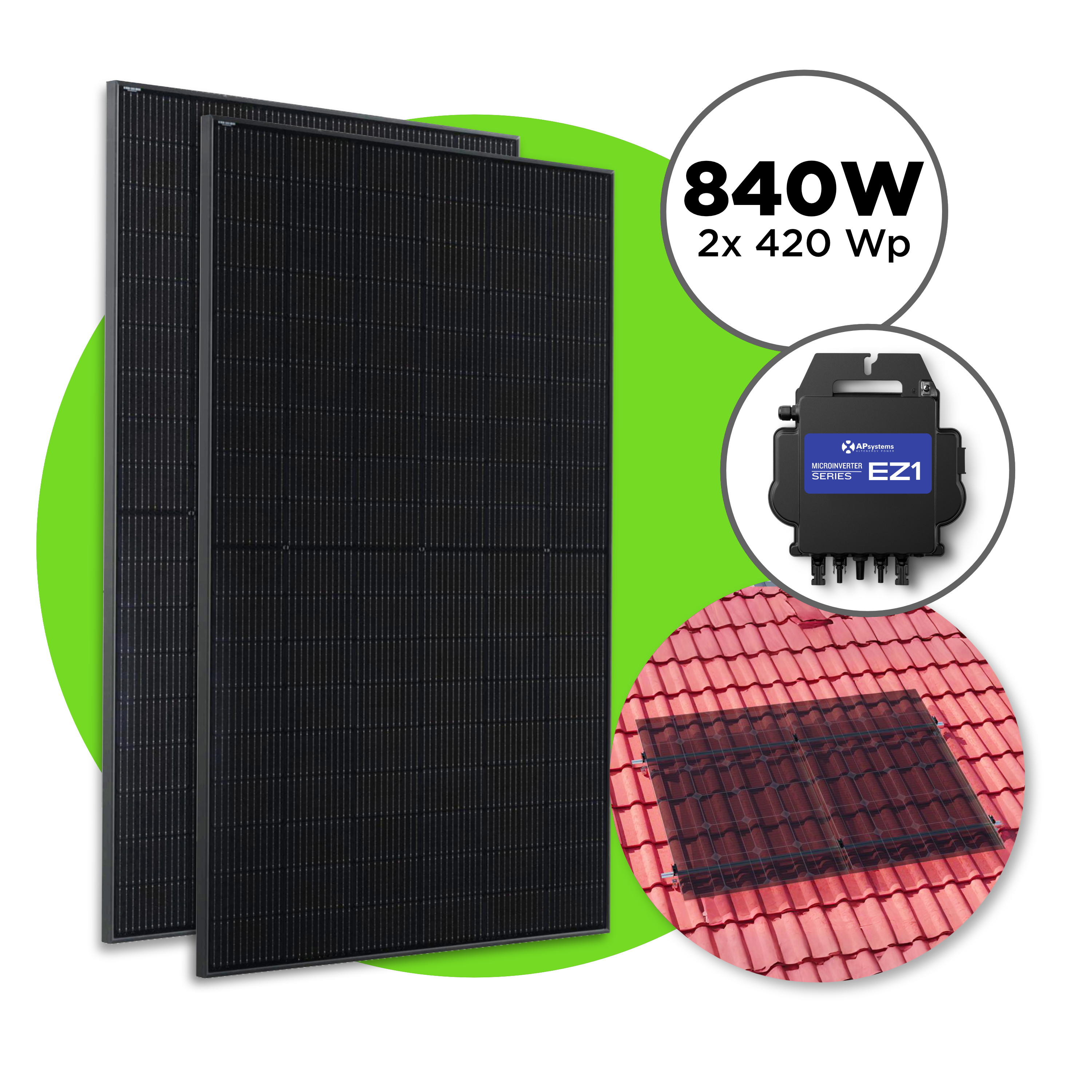 840 Wp Full Black Balkonkraftwerk mit 2x Trina Vertex S Modul —  APsystems EZ1 600 W - 800 W / Ziegeldach Set / ohne Kabel