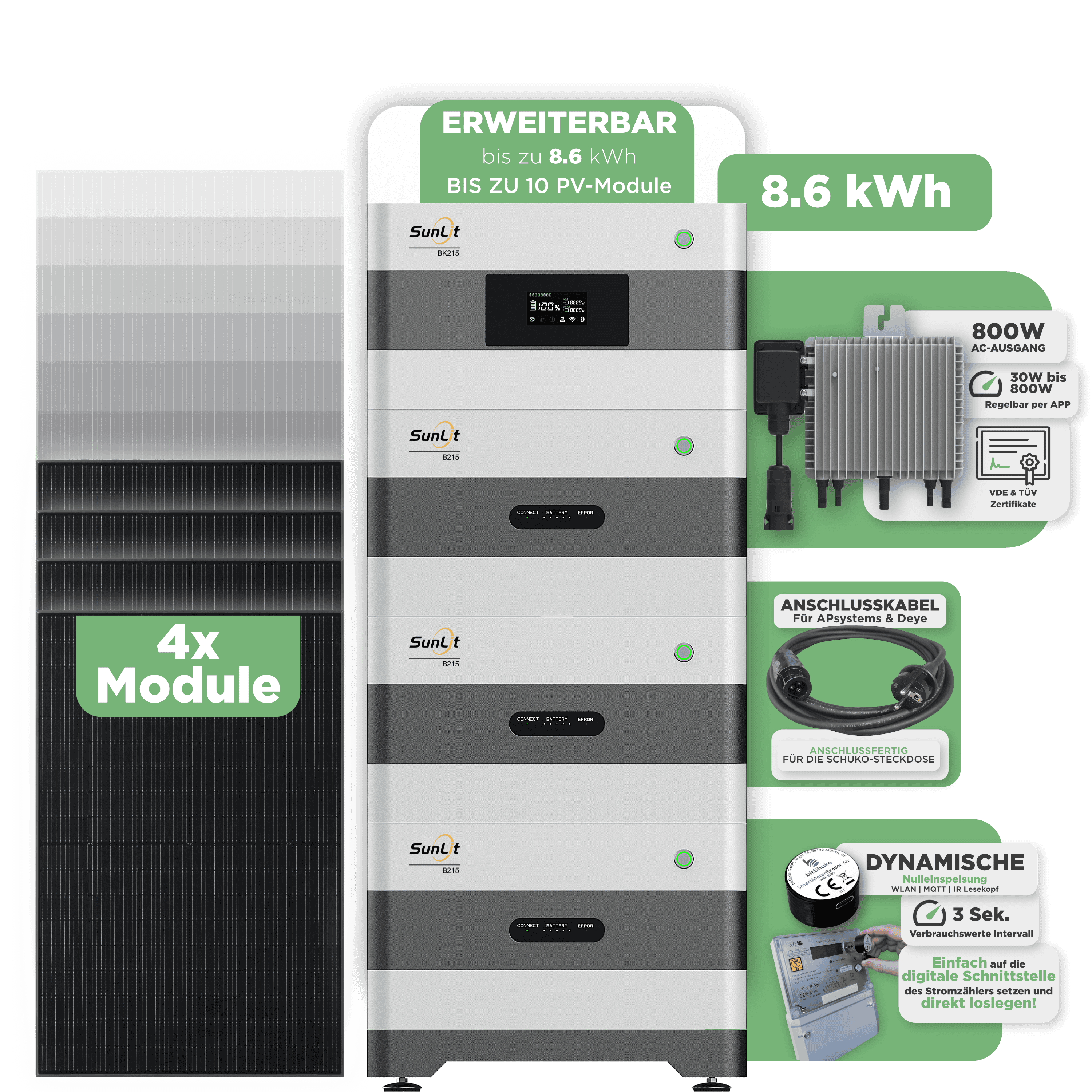 Sunlit Balkonkraftwerkspeicher — 8.600 Wh / mit IR Lesekopf (bitshake) / 800 W (Deye-SUN-M) / 20 m Schuko Kabel / 4 x Trina 450 Wp Full Black