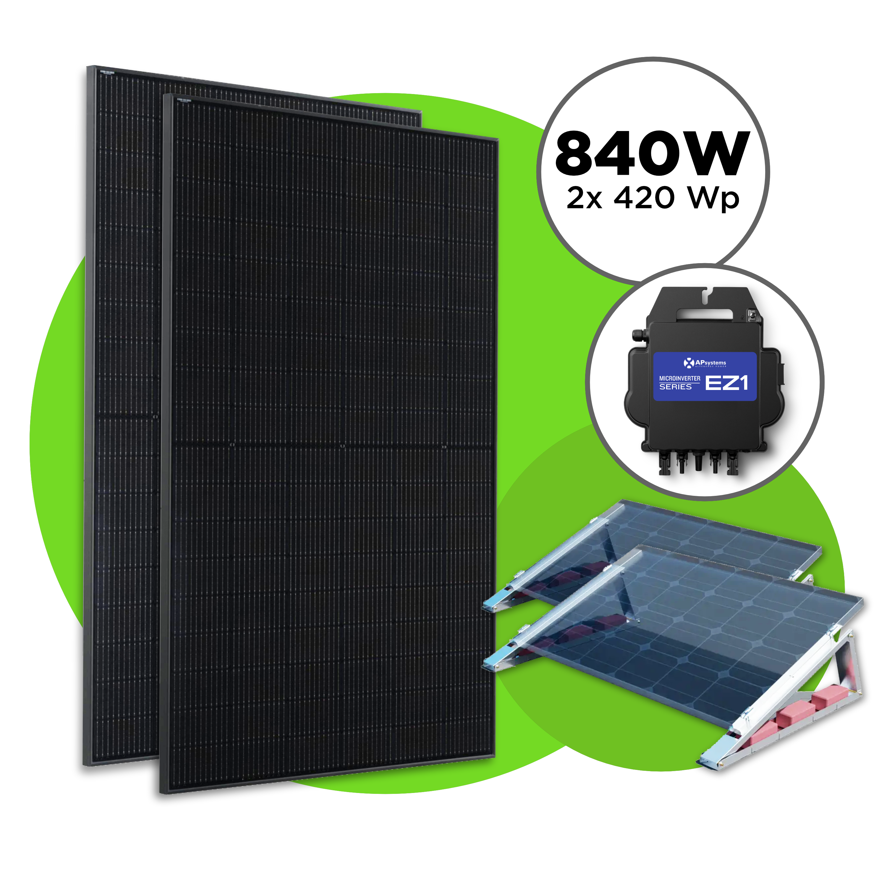 840 Wp Full Black Balkonkraftwerk mit 2x Trina Vertex S Modul —  APsystems EZ1 600 W - 800 W / Flachdach Set / ohne Kabel