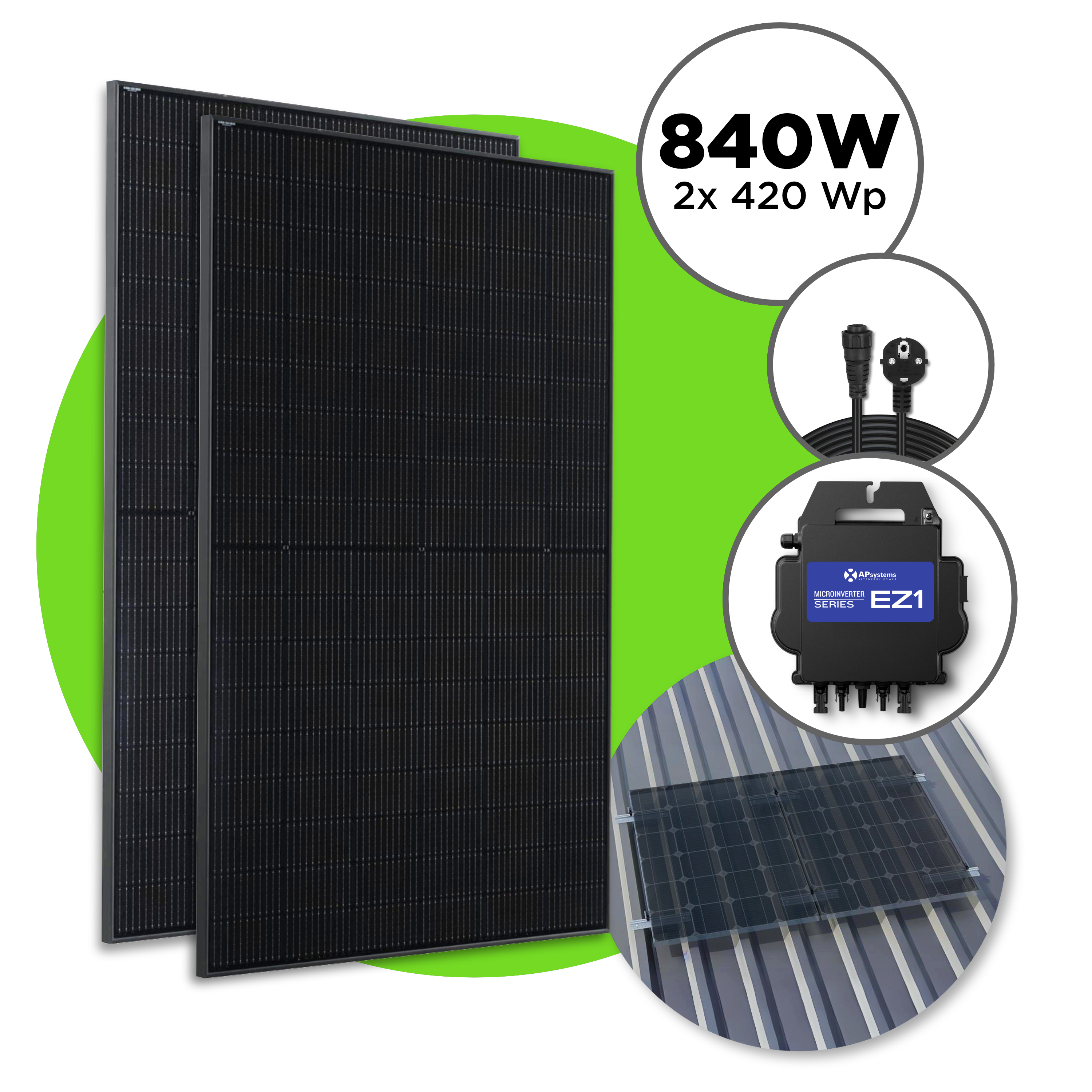 840 Wp Full Black Balkonkraftwerk mit 2x Trina Vertex S Modul —  APsystems EZ1 600 W - 800 W / Trapezdach Set / 5 m