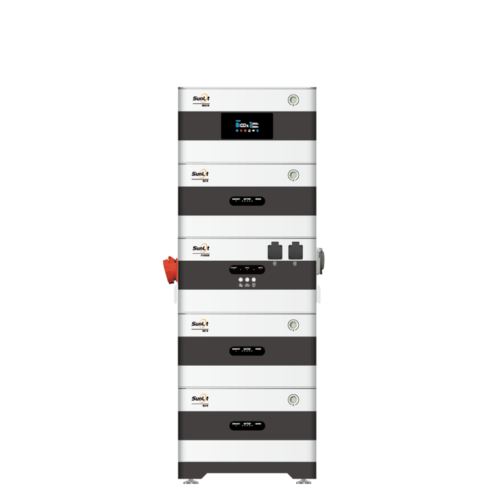 Sunlit Solar 2 Way Speicherturm Komplett Set — SunLit Speicher 8,6 kWh + EV3600 Wechselrichter für Notstrom, Wallbox und dynamische Stromtarife