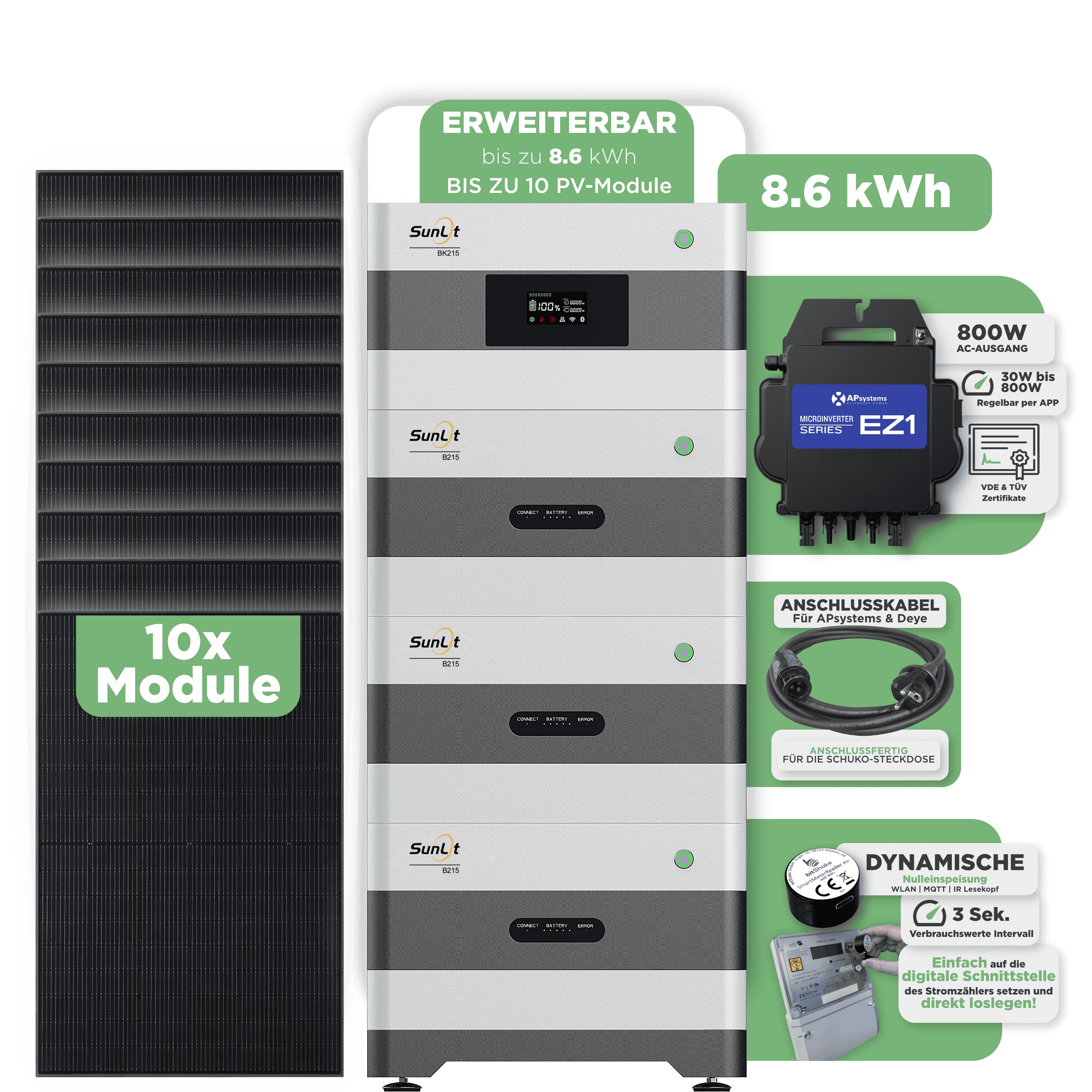 Sunlit Balkonkraftwerkspeicher — 8.600 Wh / mit IR Lesekopf (bitshake) / 800 W (Apsystems EZ1-M) / 20 m Schuko Kabel / 10 x Trina 450 Wp Full Black