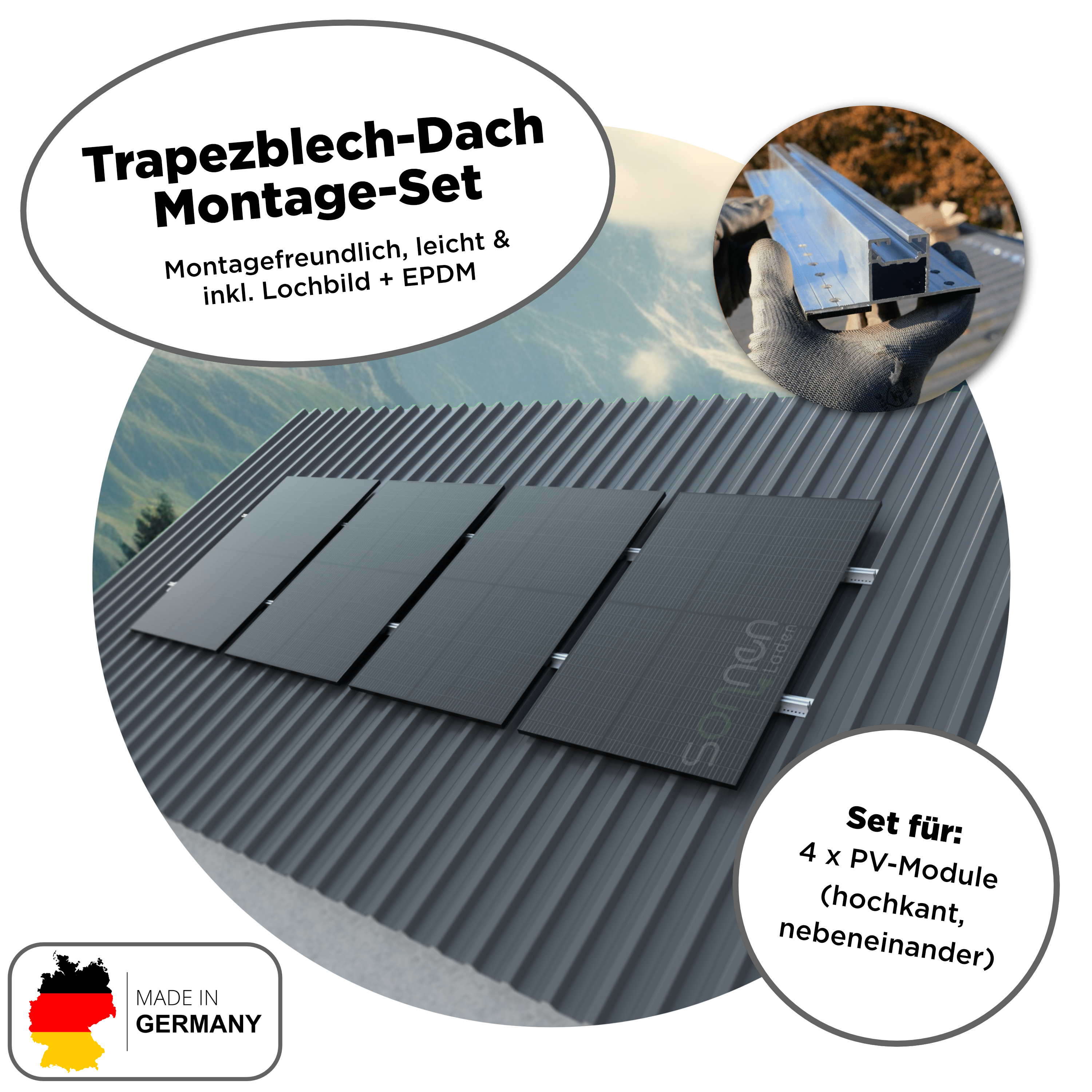 1680 Wp Full Black Balkonkraftwerk mit 4 Modulen — Apsystems 600 W - 800 W / 4er Trapezblech Set (4 Module) / 5 m 1680 Wp Full Black Balkonkraftwerk mit 4 Modulen — Apsystems 600 W - 800 W / 4er Trapezblech Set (4 Module) / 5 m