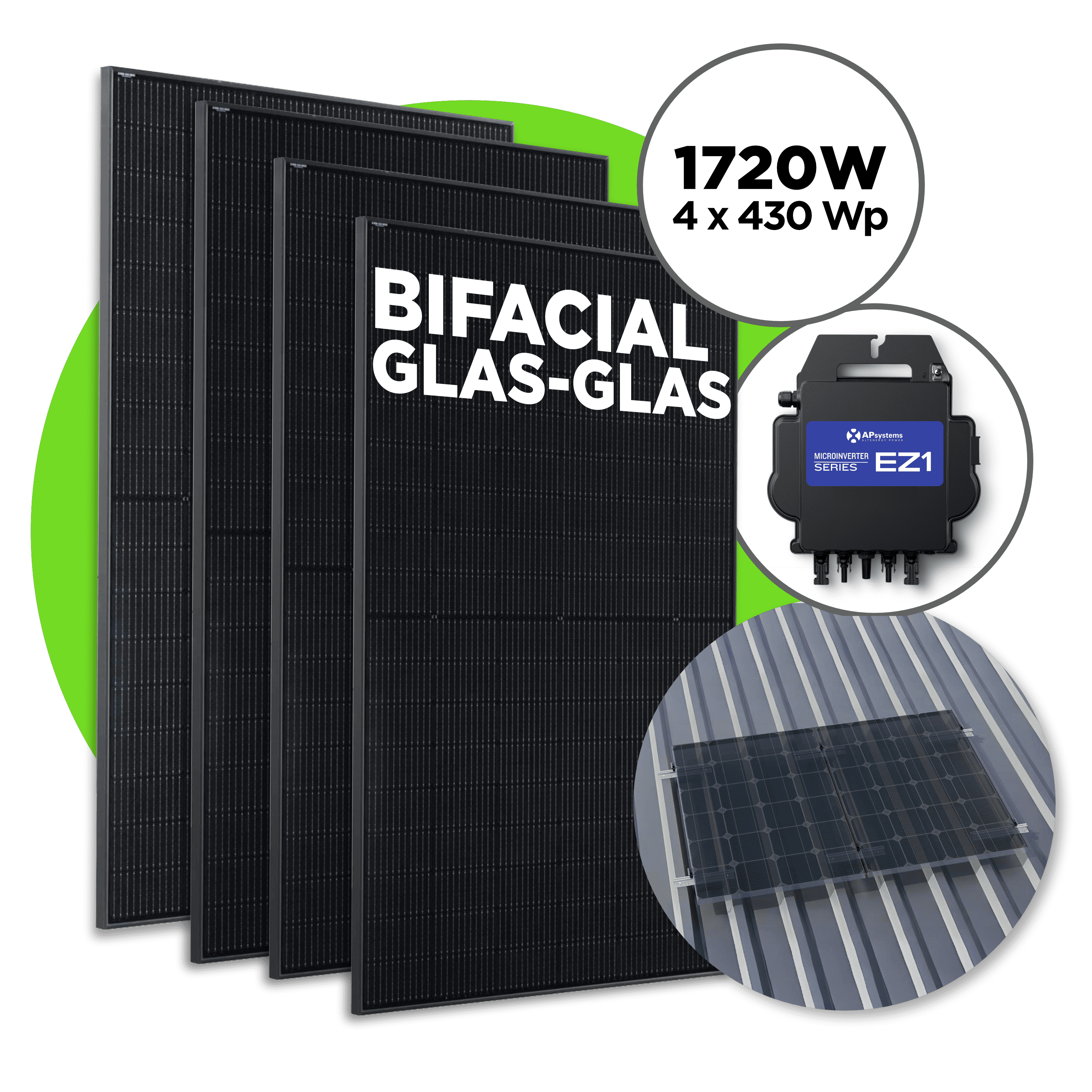 1720 Wp Bifacial Full Black Balkonkraftwerk mit 4 Modulen — Apsystems EZ1-M / 4er Trapezblech Set / ohne Kabel