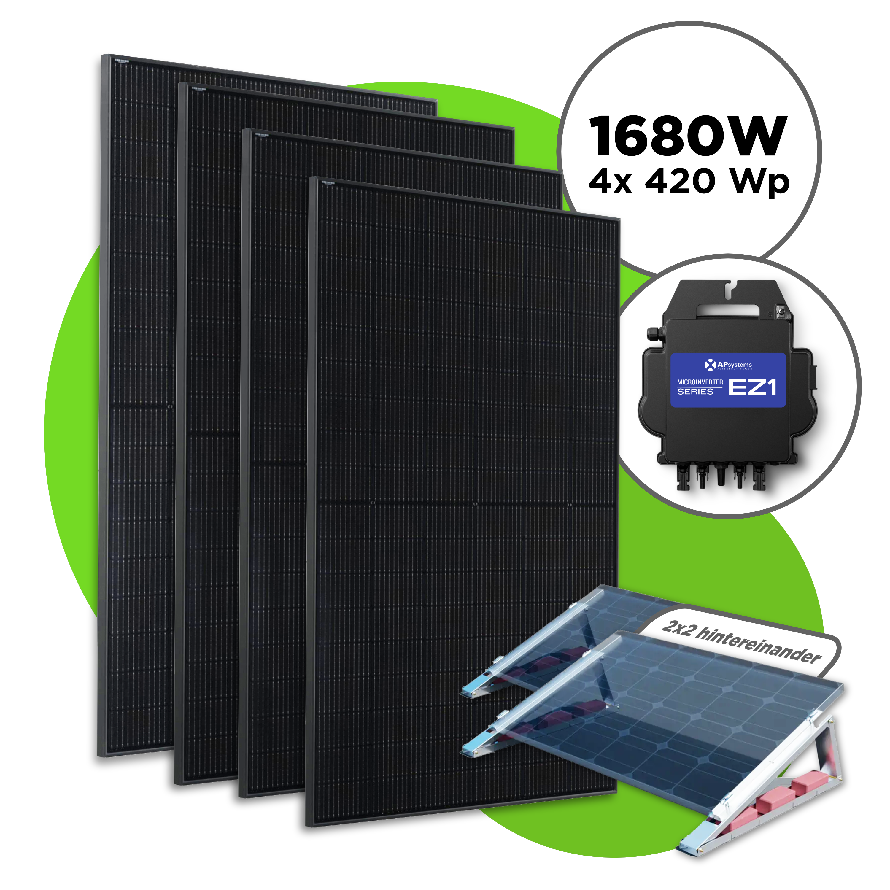 1680 Wp Full Black Balkonkraftwerk mit 4 Modulen — Apsystems 600 W - 800 W / 4er Flachdach Set (2 x 2 Module hintereinander) / ohne Kabel