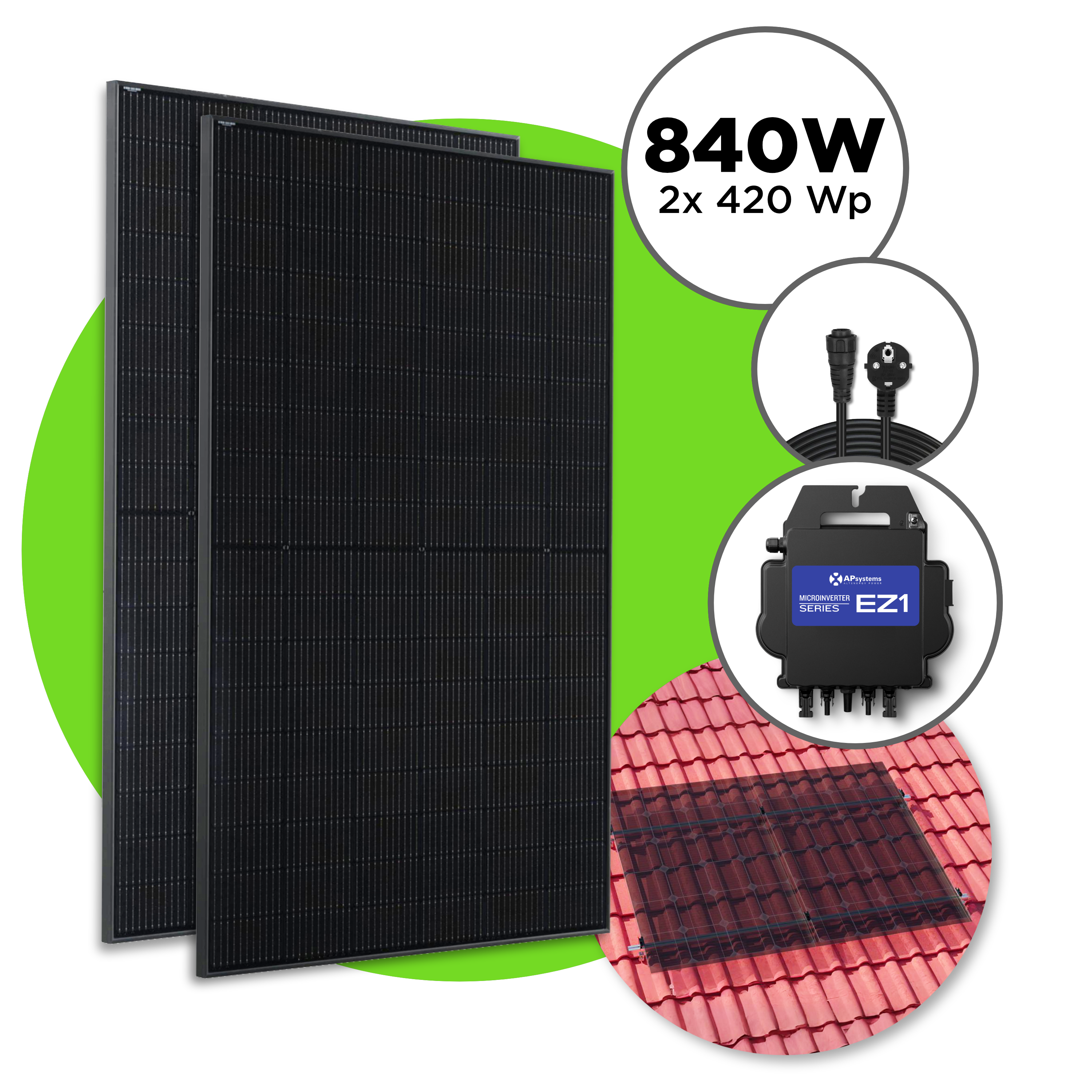 840 Wp Full Black Balkonkraftwerk mit 2x Trina Vertex S Modul —  APsystems EZ1 600 W - 800 W / Ziegeldach Set / 5 m