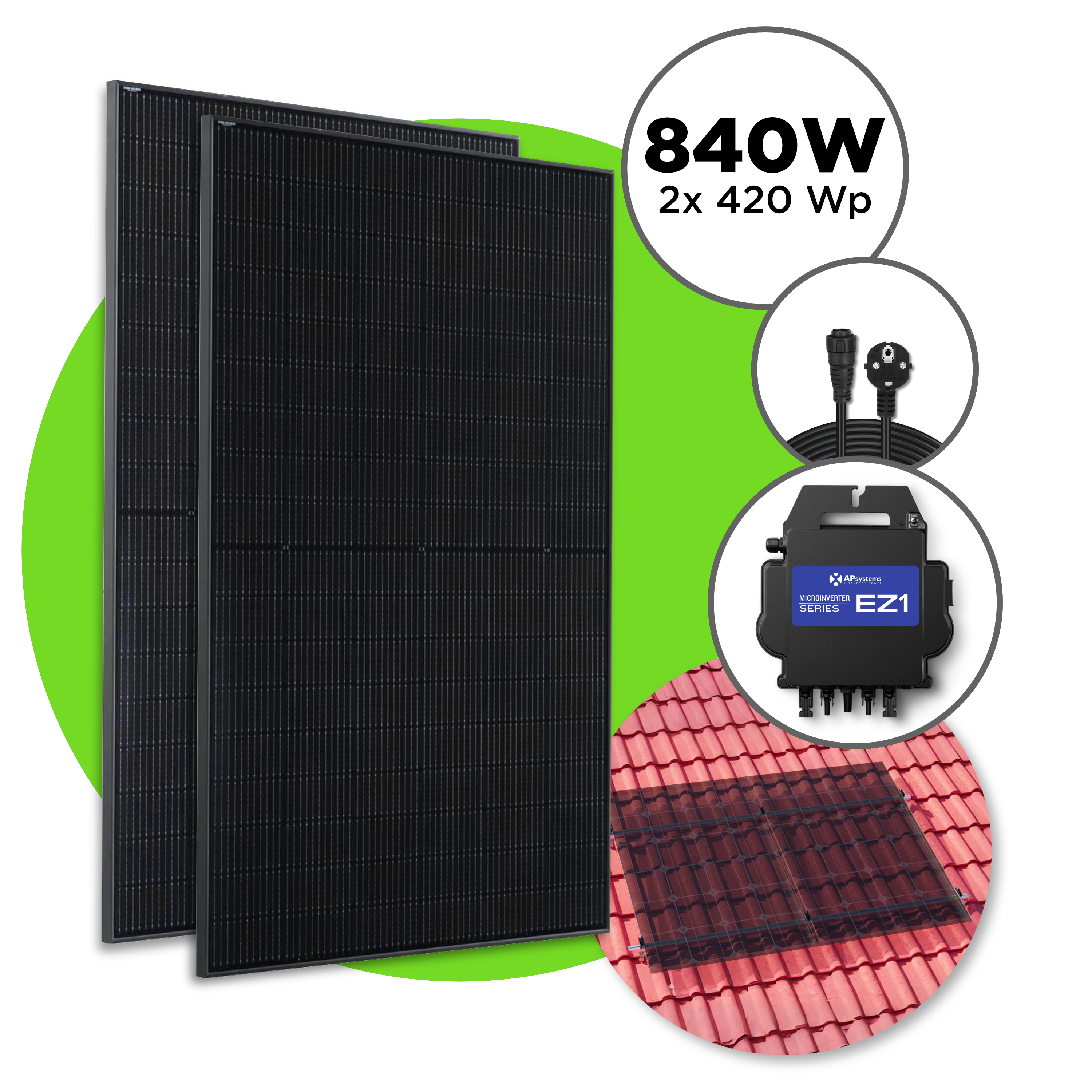 840 Wp Full Black Balkonkraftwerk mit 2x Trina Vertex S Modul —  APsystems EZ1 600 W - 800 W / Ziegeldach Set / 5 m 840 Wp Full Black Balkonkraftwerk mit 2x Trina Vertex S Modul —  APsystems EZ1 600 W - 800 W / Ziegeldach Set / 5 m