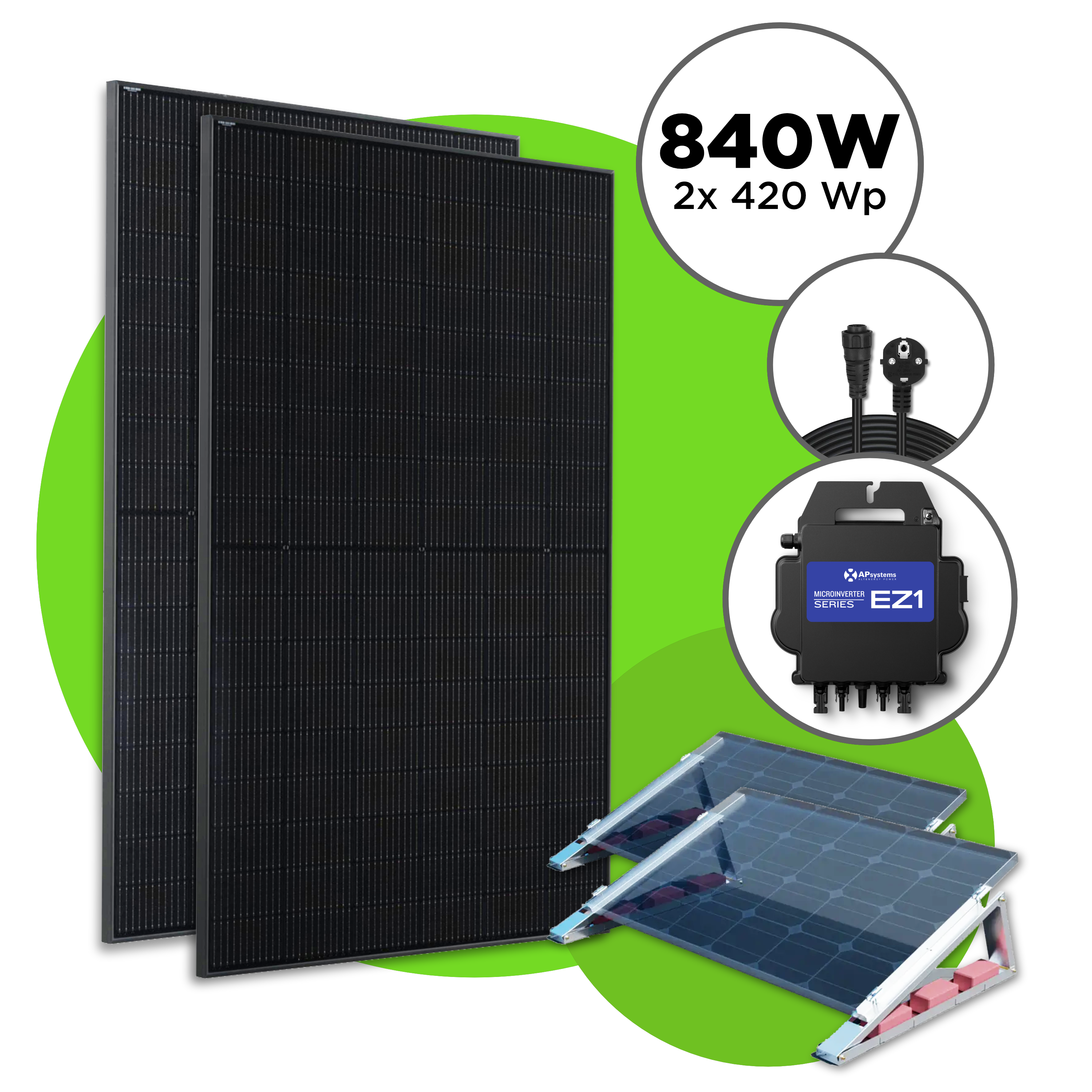 840 Wp Full Black Balkonkraftwerk mit 2 x Trina Vertex S Modul —  APsystems EZ1 600 W - 800 W / Flachdach Set / 5 m