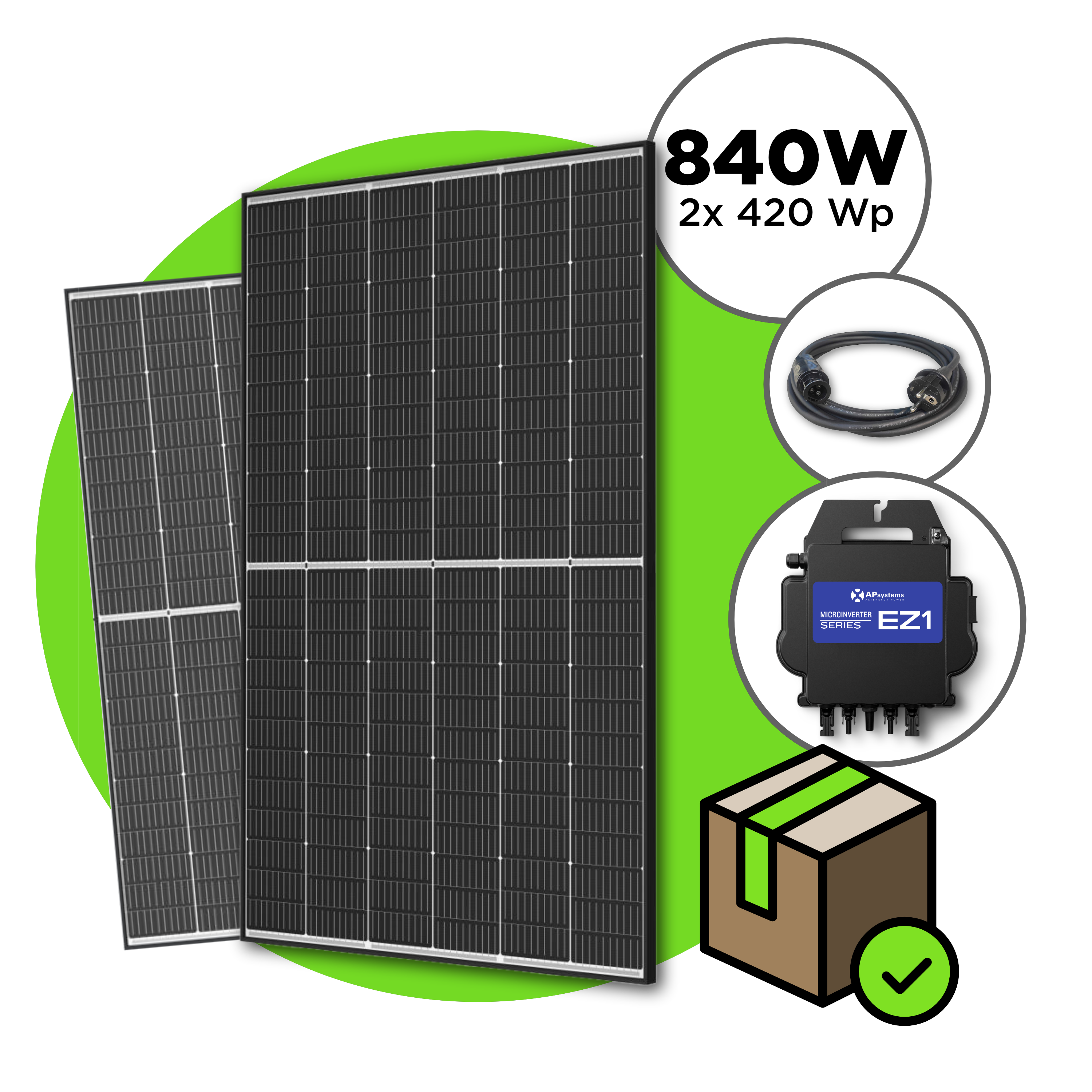 840 Wp Balkonkraftwerk mit 2x Trina Vertex S Modul —  APsystems EZ1 600 W - 800 W / ohne Unterkonstruktion / 5 m