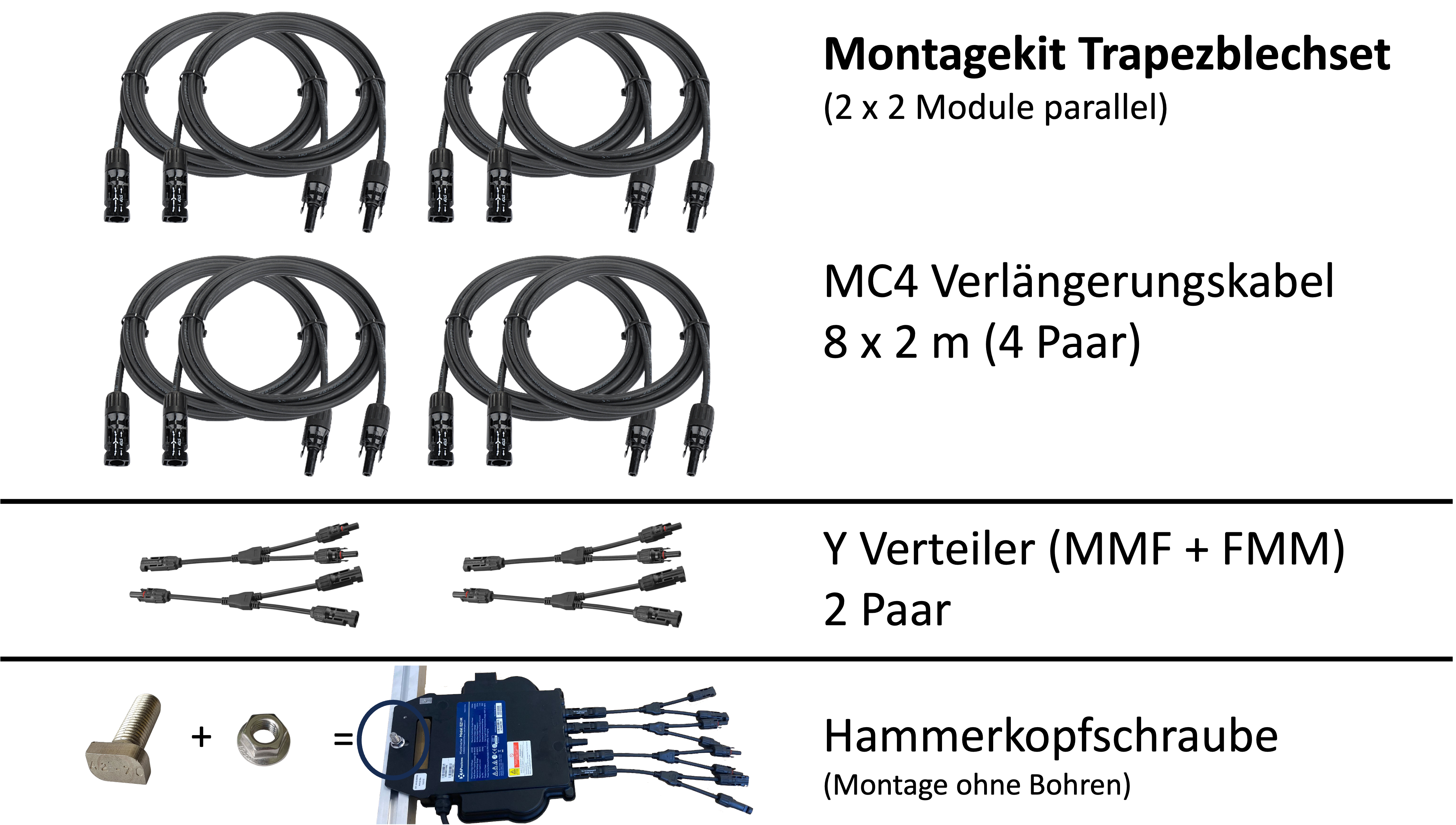 1680 Wp Full Black Balkonkraftwerk mit 4 Modulen — Apsystems 600 W - 800 W / 4er Trapezblech Set (4 Module) / 5 m