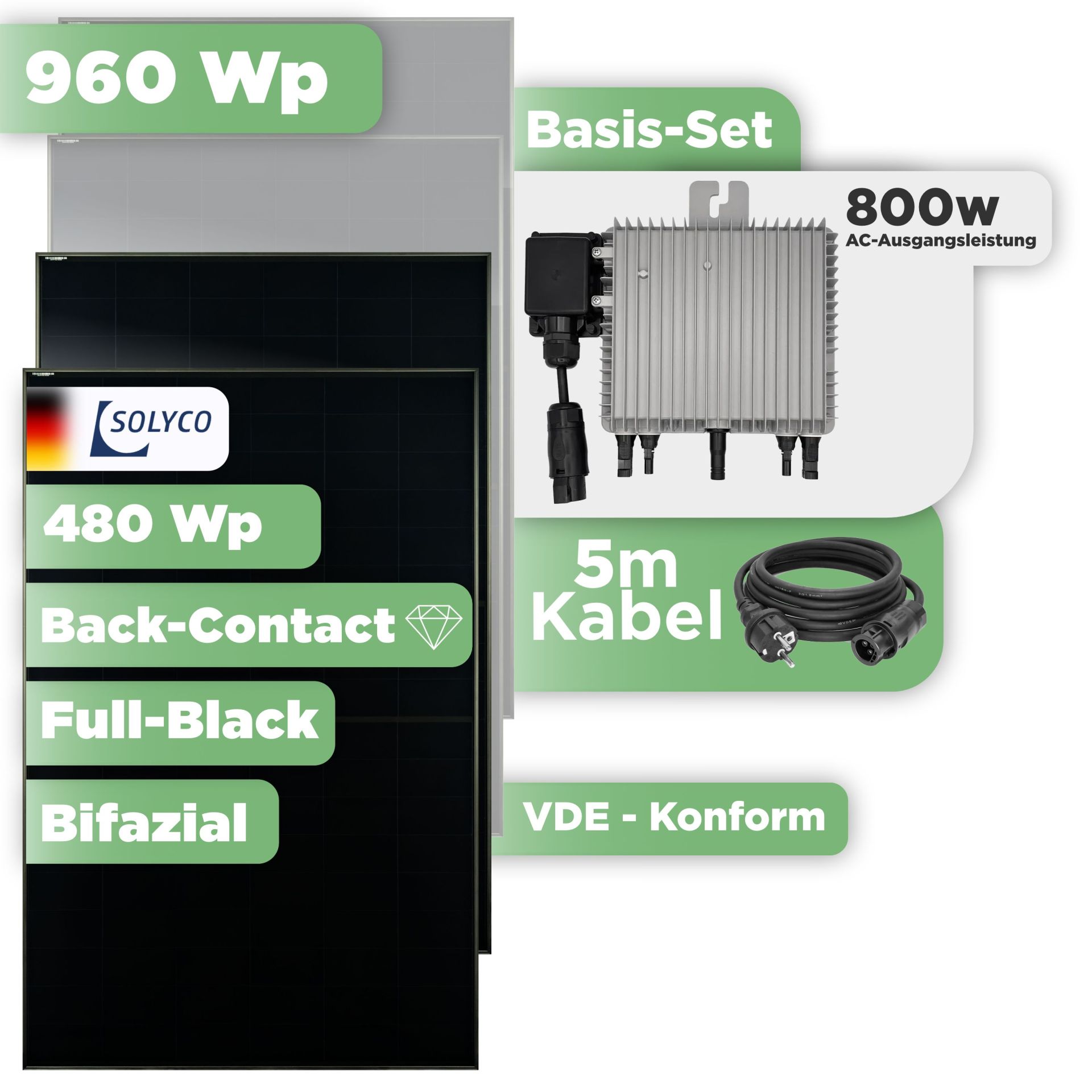 960 Wp Balkonkraftwerk Set — Full Black Back-Contact Module / 800 W Wechselrichter / VDE konform