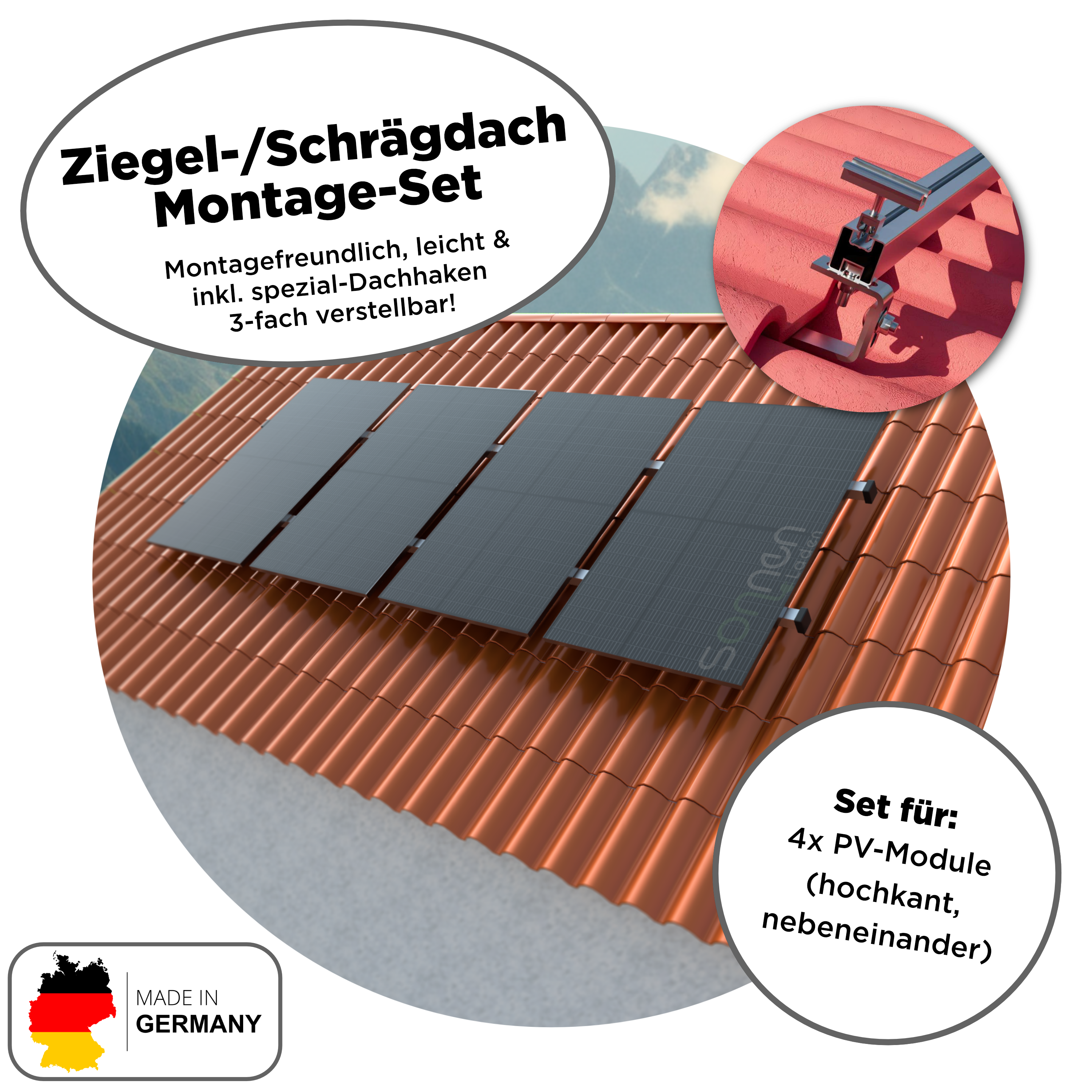 1720 Wp Bifacial Full Black Balkonkraftwerk mit 4 Modulen — Apsystems EZ1-M / 4er Ziegeldach Set / 5 m