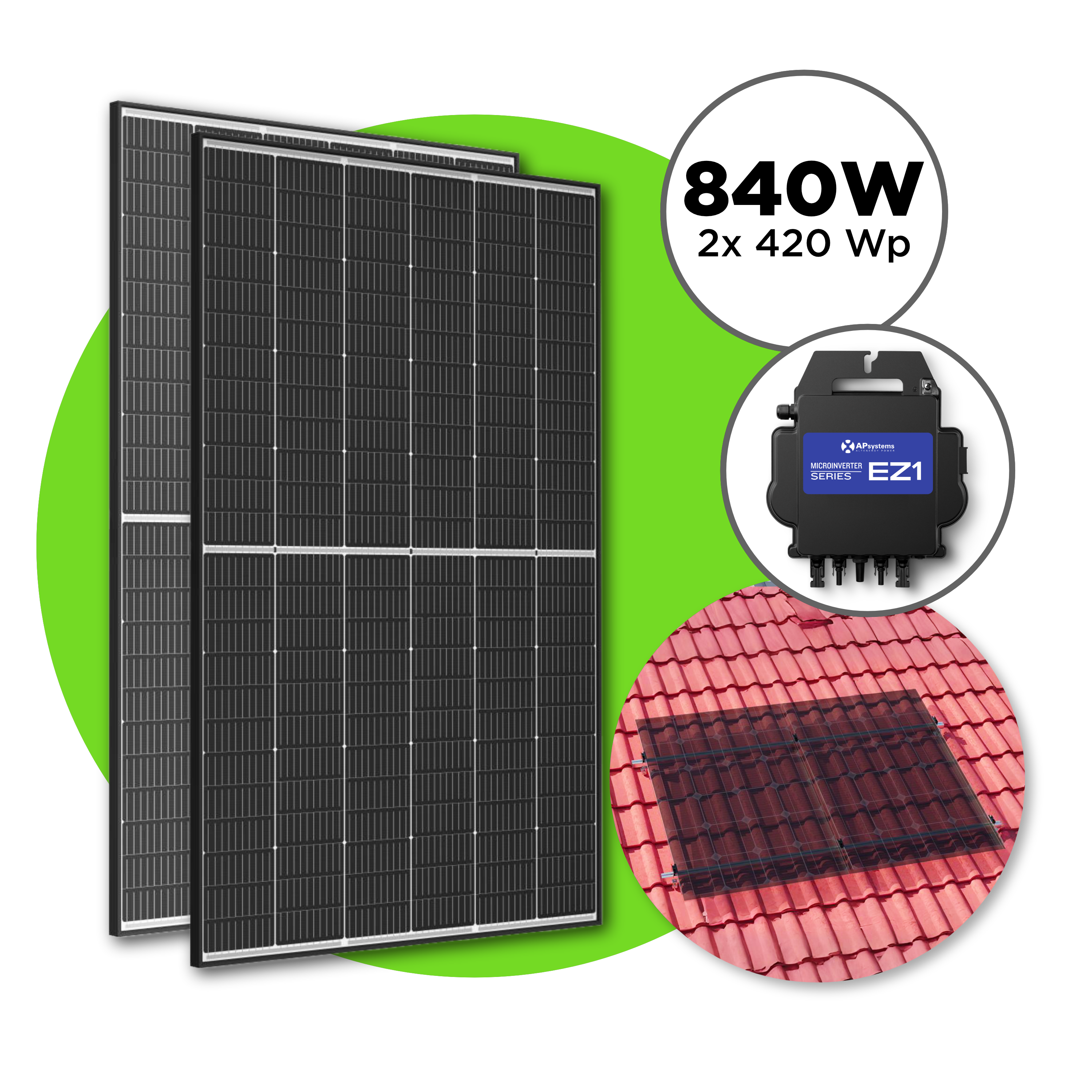 840 Wp Balkonkraftwerk mit 2x Trina Vertex S Modul —  APsystems EZ1 600 W - 800 W / Ziegeldach Set / ohne Kabel
