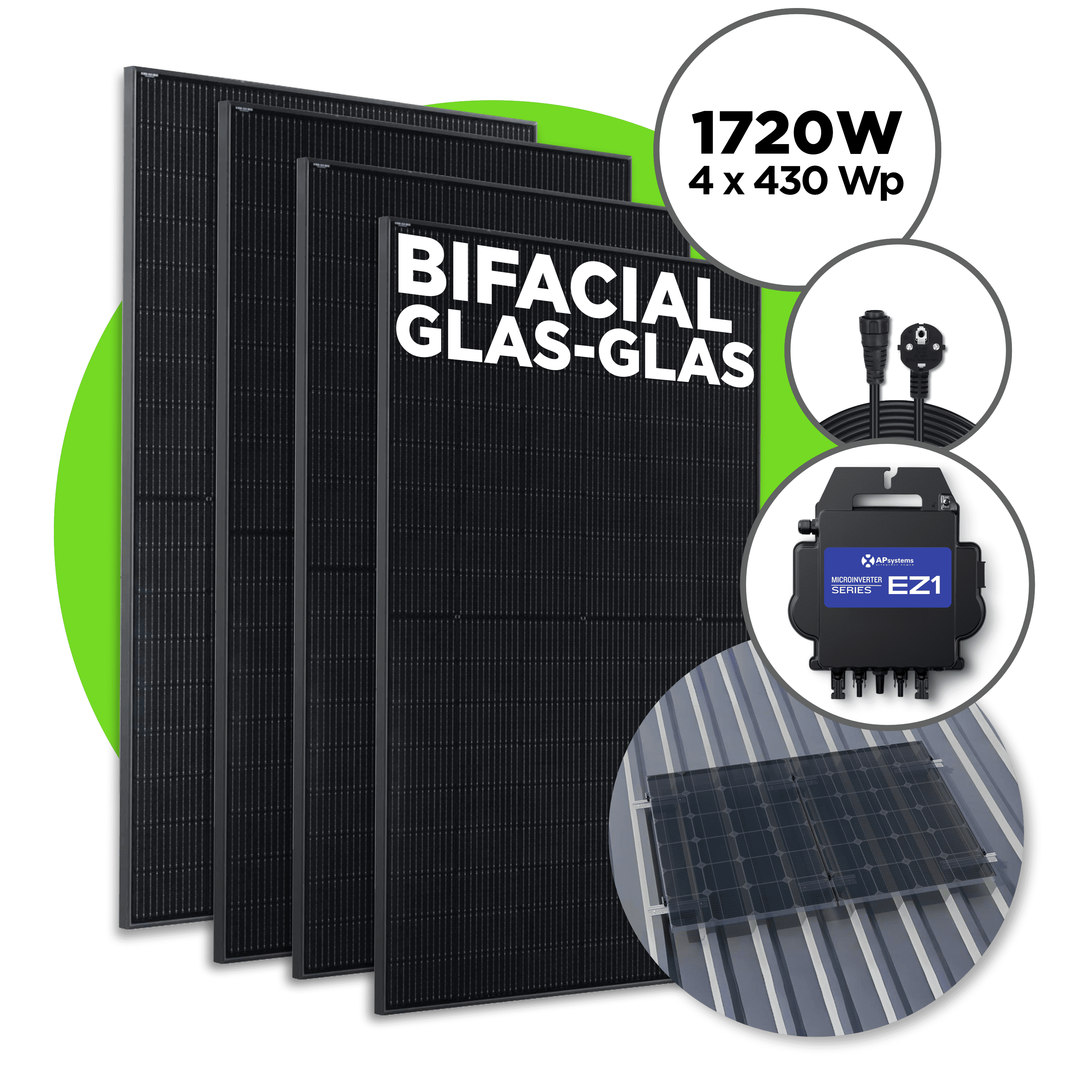 1720 Wp Bifacial Full Black Balkonkraftwerk mit 4 Modulen — Apsystems EZ1-M / 4er Trapezblech Set / 5 m