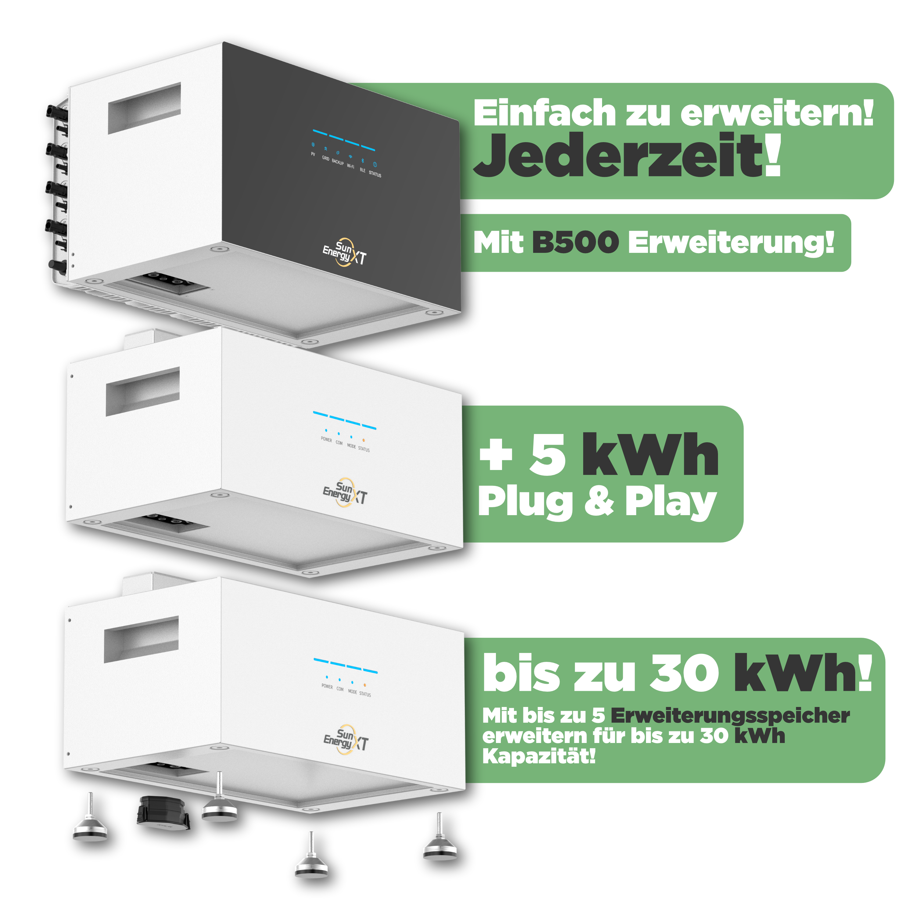 SunEnergyXT 500 PRO — 5 kWh Balkonkraftwerk Speicher mit 2.400W Wechselrichter, 4 MPPT & Notstromfunktion (LFP, erweiterbar auf 30 kWh)
