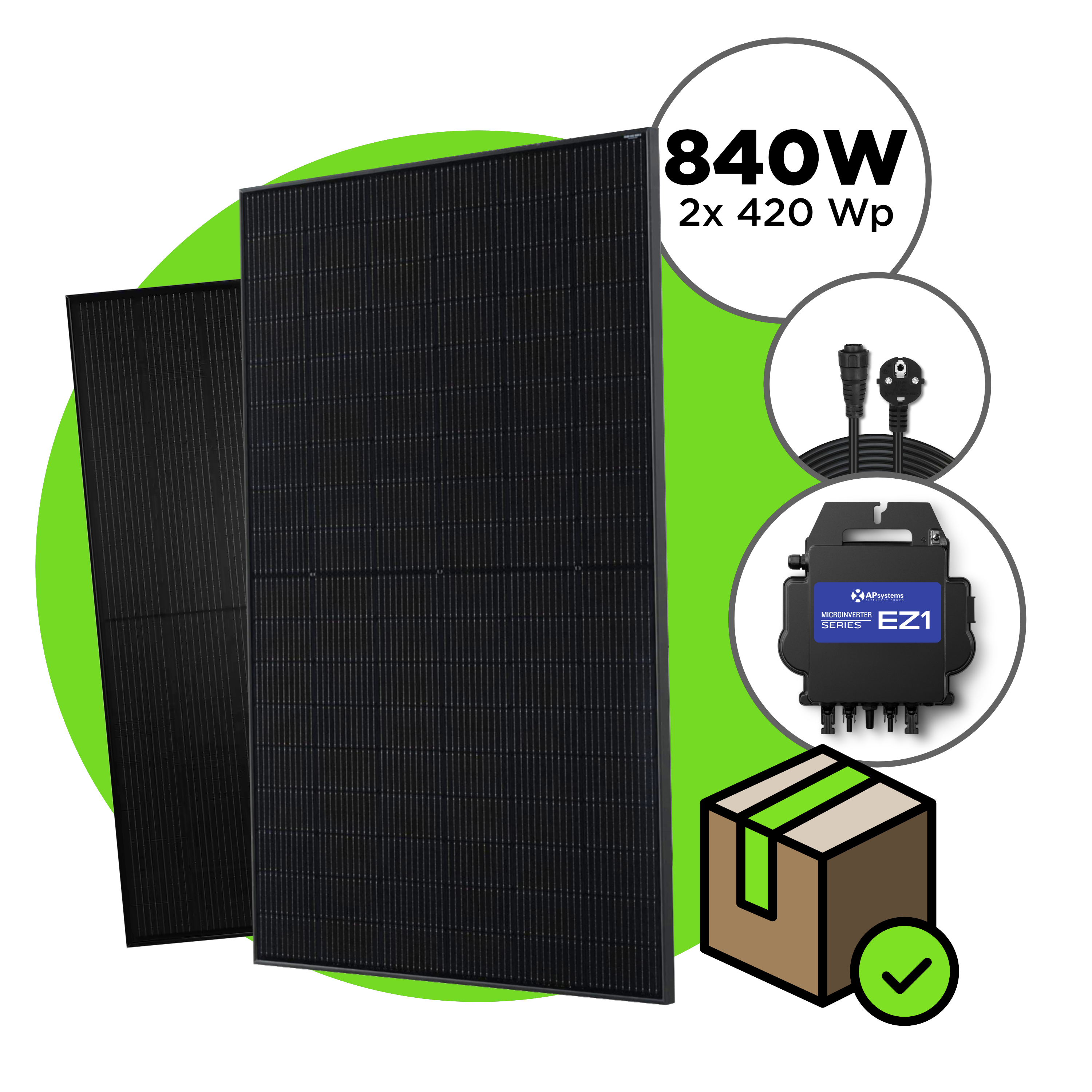 840 Wp Full Black Balkonkraftwerk mit 2x Trina Vertex S Modul —  APsystems EZ1 600 W - 800 W / ohne Unterkonstruktion / 5 m