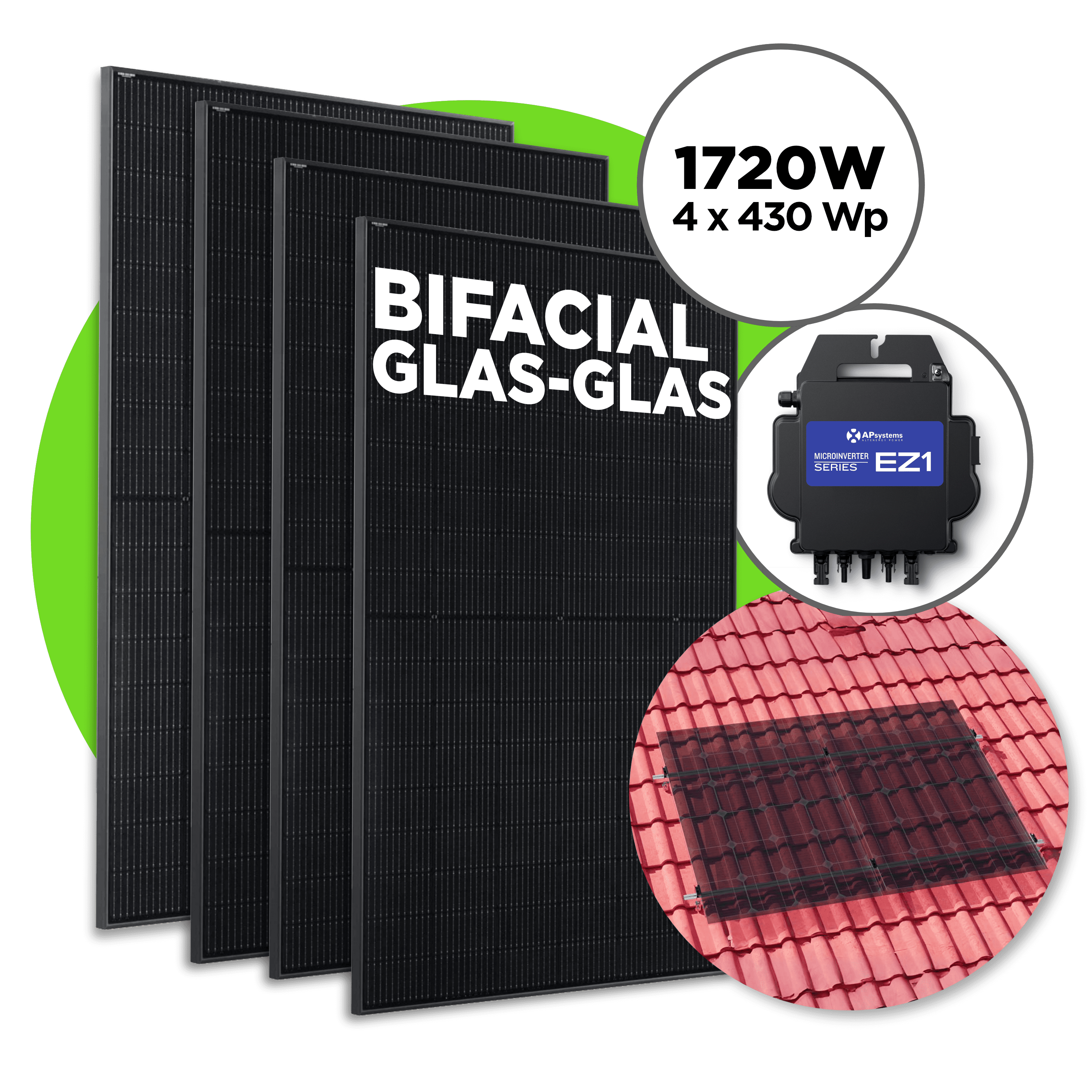 1720 Wp Bifacial Full Black Balkonkraftwerk mit 4 Modulen — Apsystems EZ1-M / 4er Ziegeldach Set / ohne Kabel