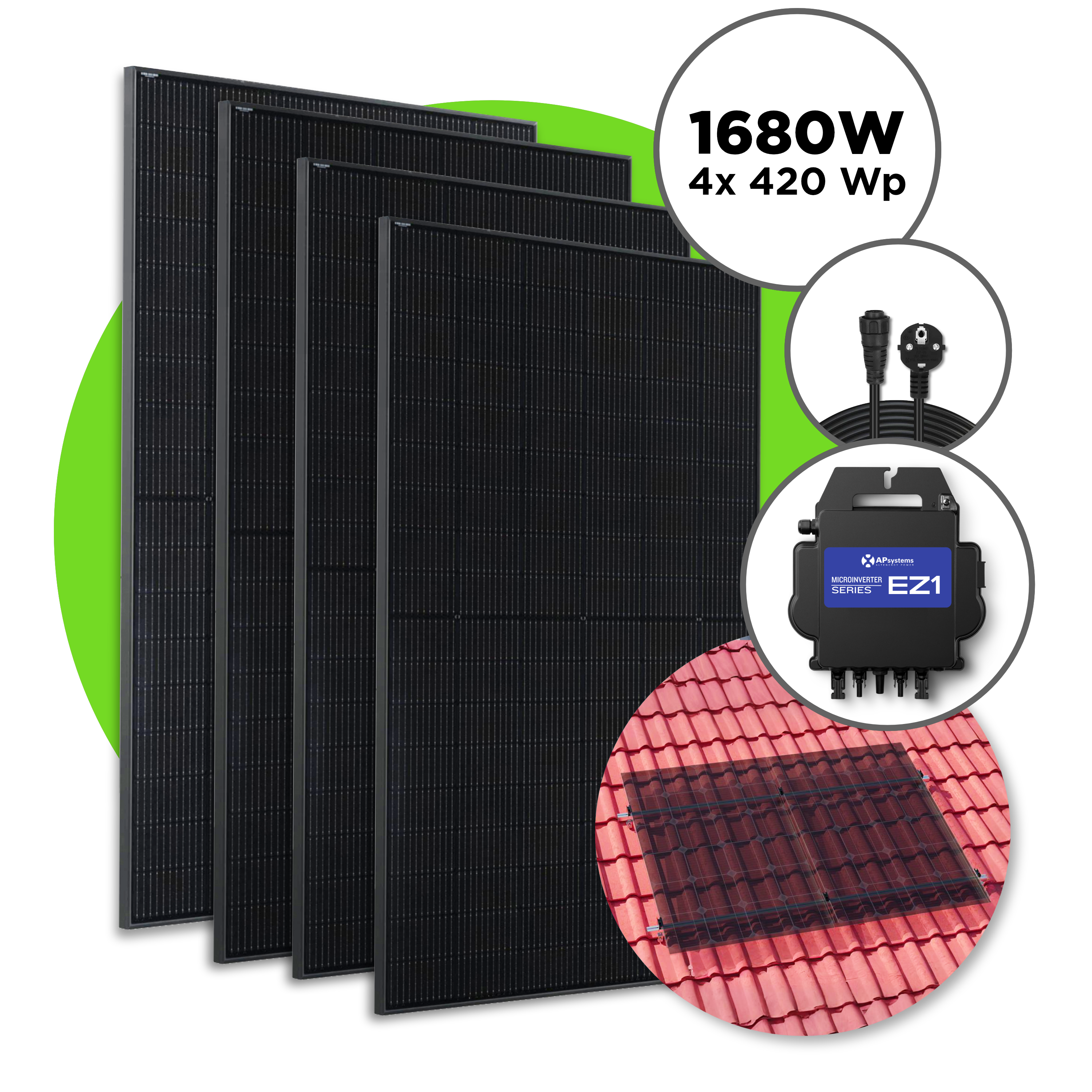 1680 Wp Full Black Balkonkraftwerk mit 4 Modulen — Apsystems 600 W - 800 W / 4er Ziegeldach Set / 5 m